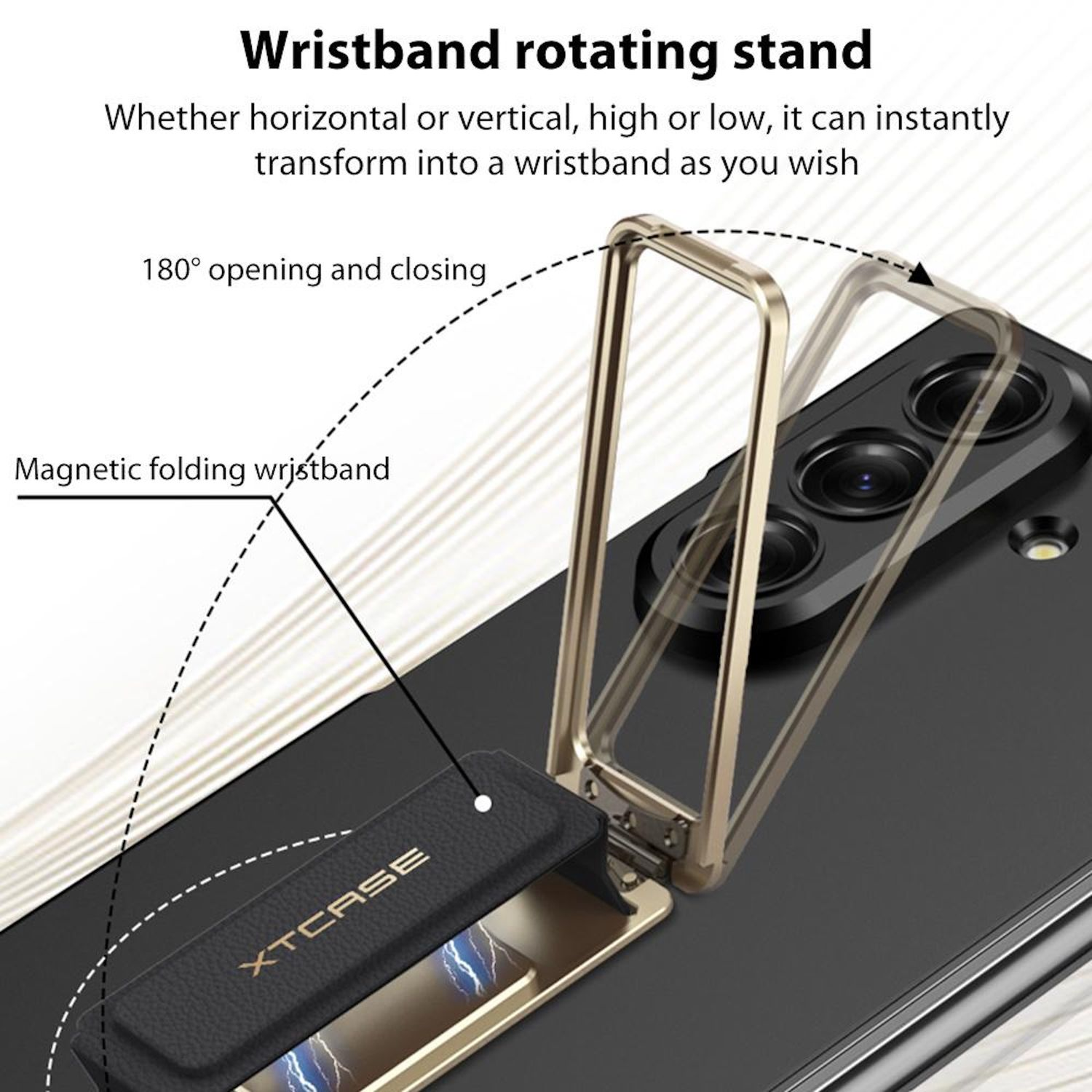Un teléfono con un soporte de pulsera giratorio. El soporte es dorado y el teléfono es negro. Etiquetas de texto describen las características.