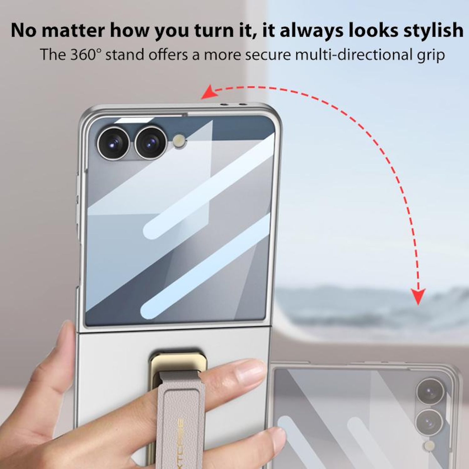 Eine Hand hält eine Smartphone-Hülle mit einem 360°-Ständer. Die Hülle ist silber und weiß. Text: 'Egal wie Sie es drehen, es sieht immer stilvoll aus'.