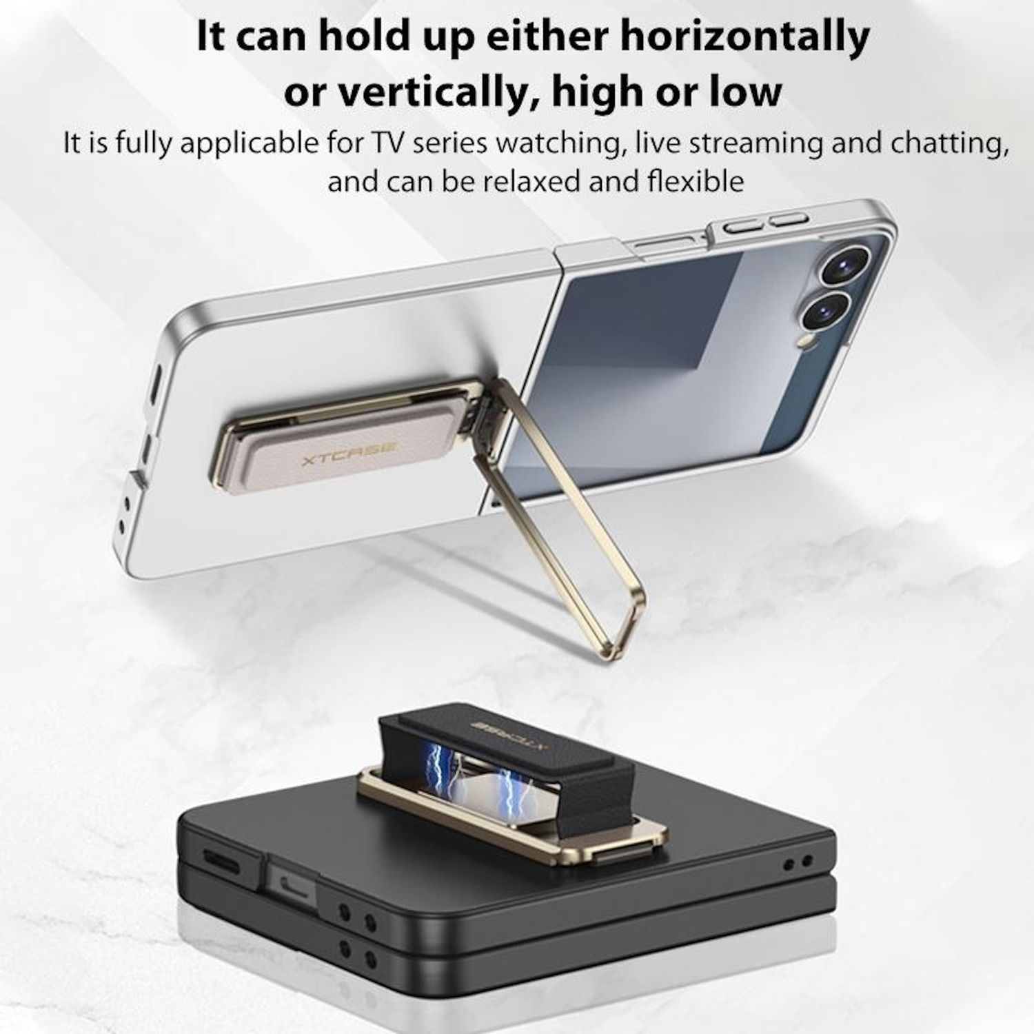Ein Telefon wird von einem Ständer gehalten, darunter ein weiterer Ständer. Text erklärt, dass es Telefone horizontal oder vertikal halten kann.