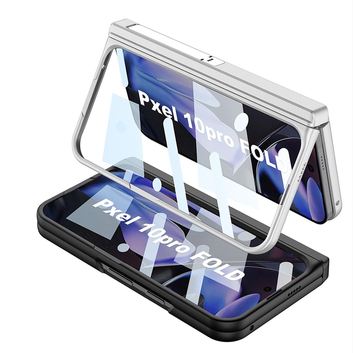 Eine Telefonhülle, silbern und schwarz, ist geöffnet. Die Hülle ist für ein Pxel 10pro FOLD. Der Bildschirm zeigt ein blaues und violettes Bild.