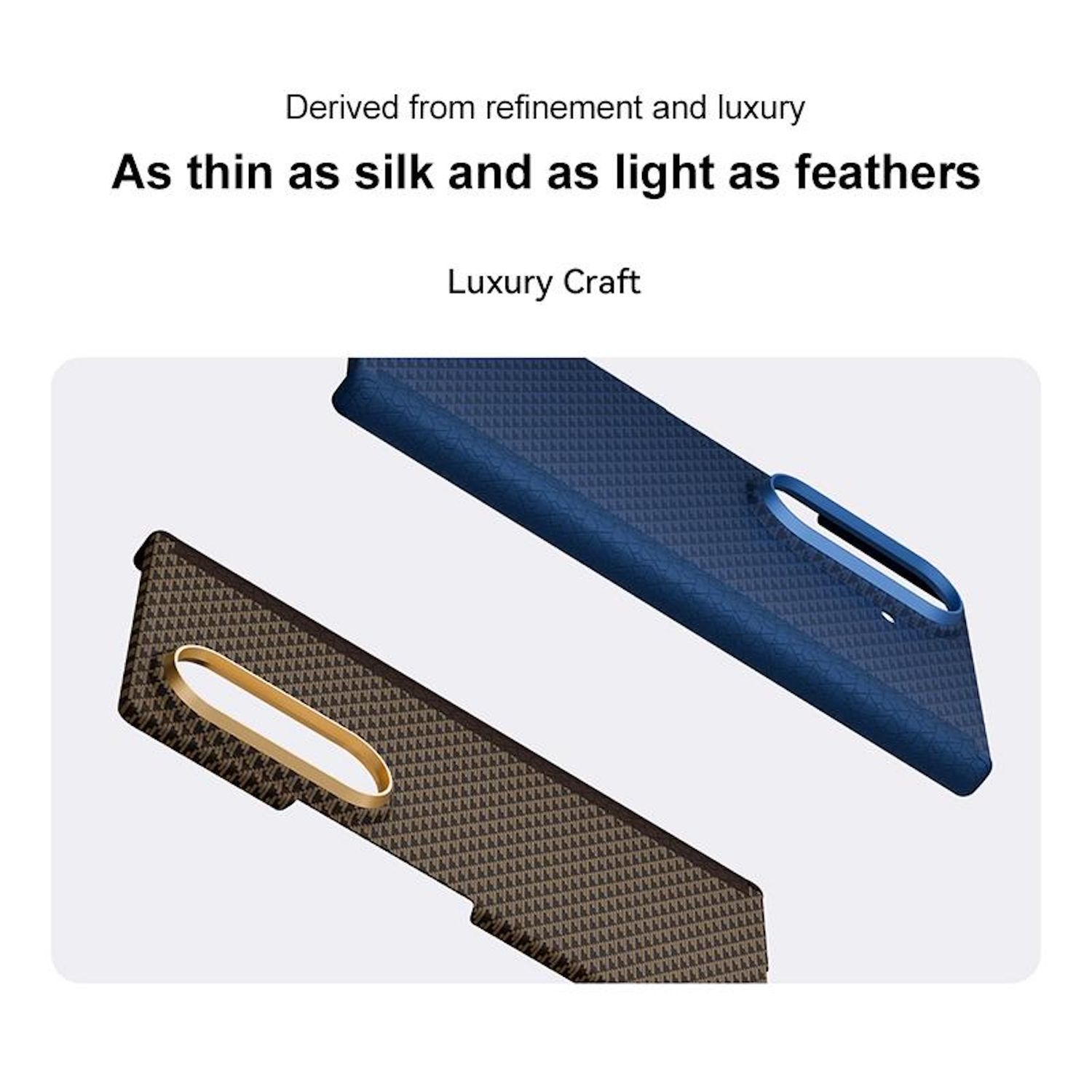 La imagen muestra dos fundas de teléfono: una azul y otra marrón. Ambas fundas tienen un patrón texturizado y un recorte para la cámara.
