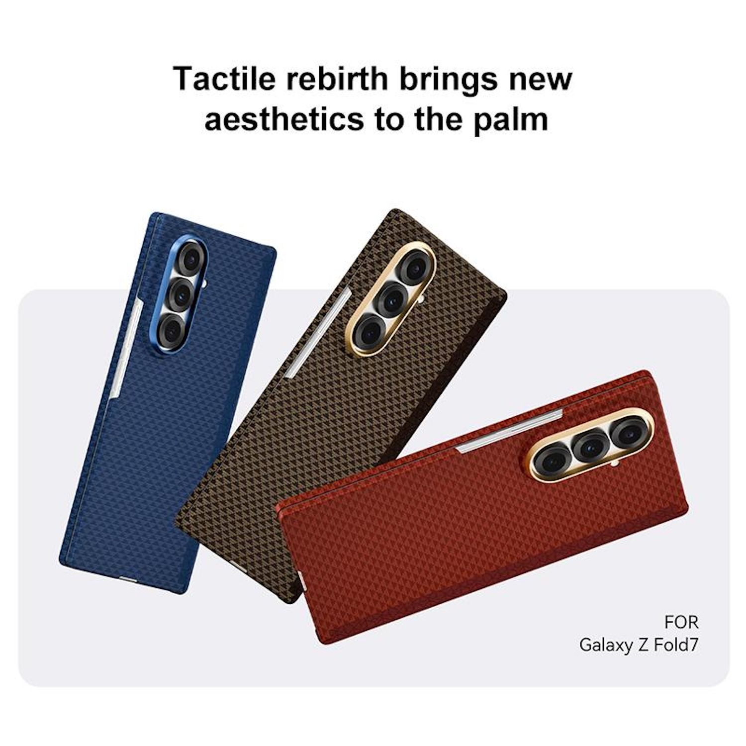 Tres fundas para teléfono en azul, marrón y rojo. Las fundas tienen recortes de cámara y son para Galaxy Z Fold7.