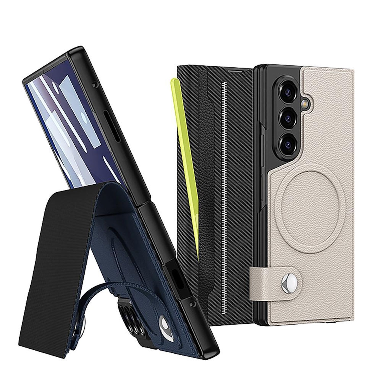 Eine Handyhülle und ein Telefon. Das Telefon ist schwarz. Die Hülle ist beige, schwarz und marineblau. Die Hülle hat einen Ständer.