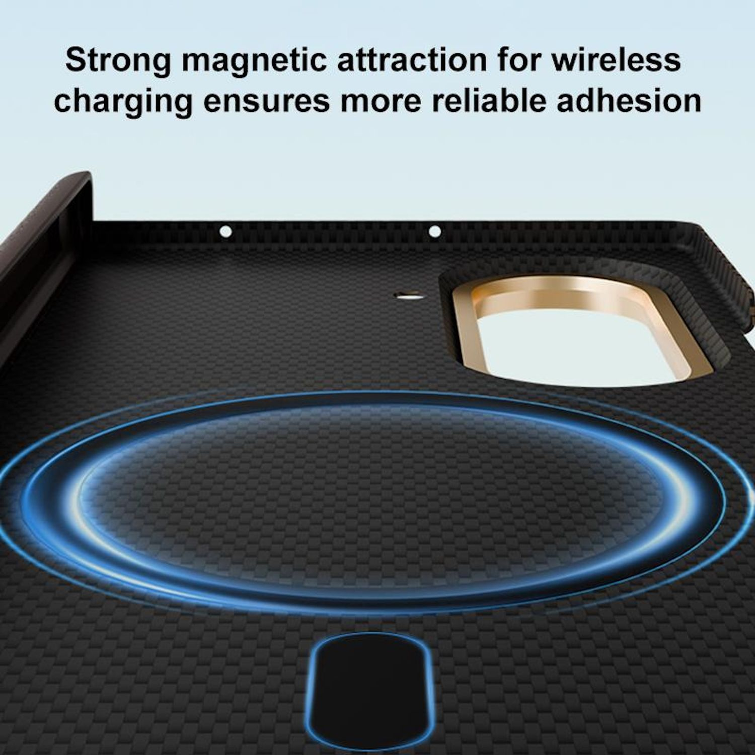Primer plano de una funda de teléfono negra texturizada con un anillo de carga magnético azul. Texto: 'Fuerte atracción magnética'.