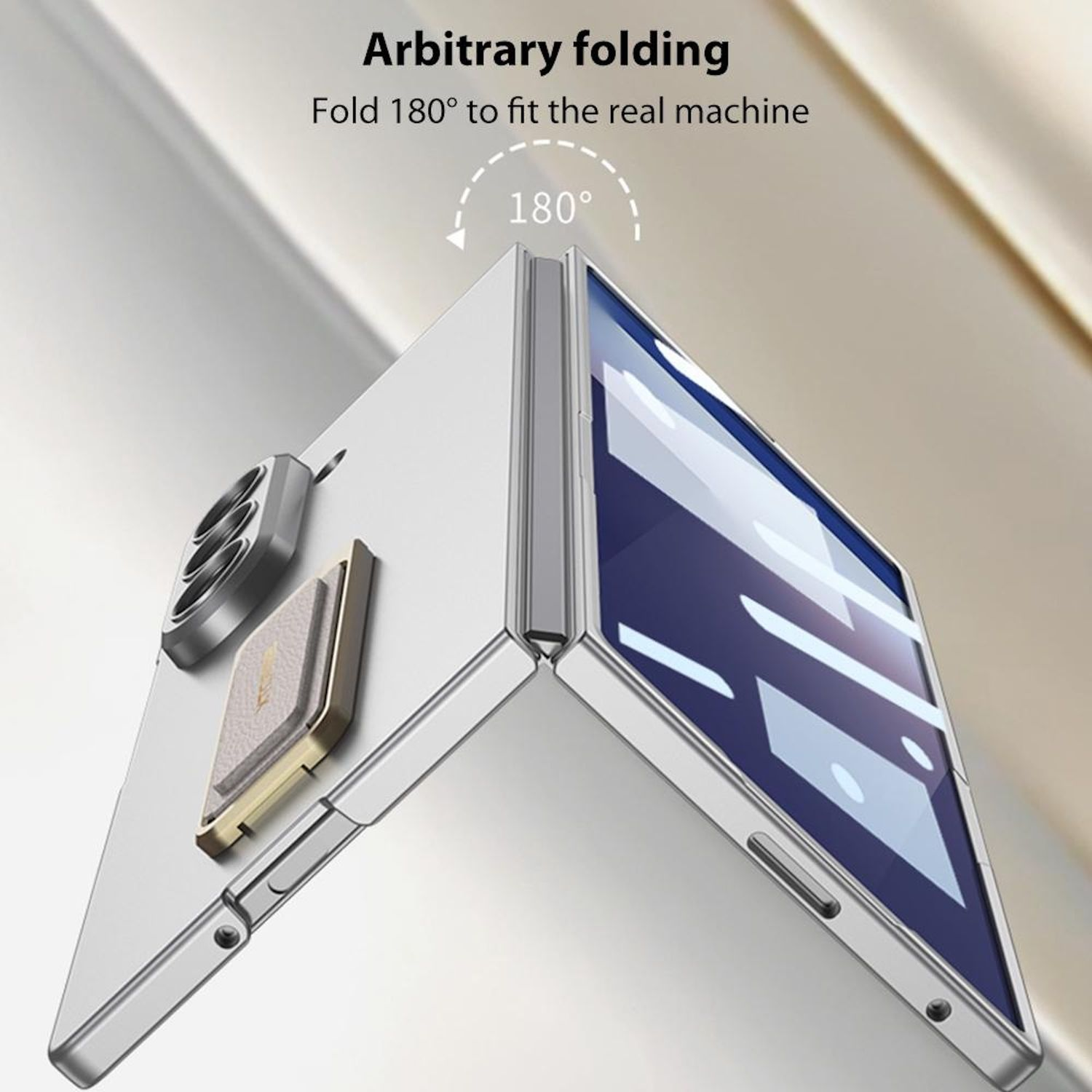Un teléfono plegable plateado se muestra abierto a 180 grados. Tiene una cámara y un soporte. El texto dice 'Arbitrary folding' y 'Fold 180°'.