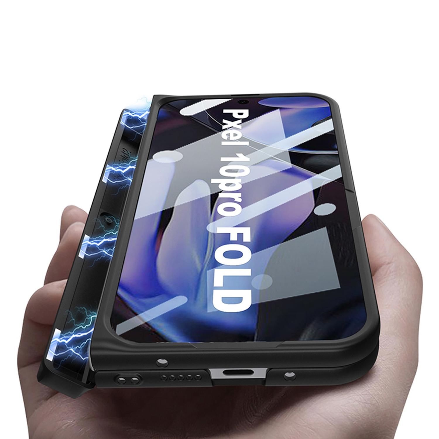 Eine schwarze Handyhülle für Pixel 10 pro FOLD wird in einer Hand gehalten. Die Hülle ist geöffnet mit Blitzdesign. Der Bildschirm ist sichtbar.