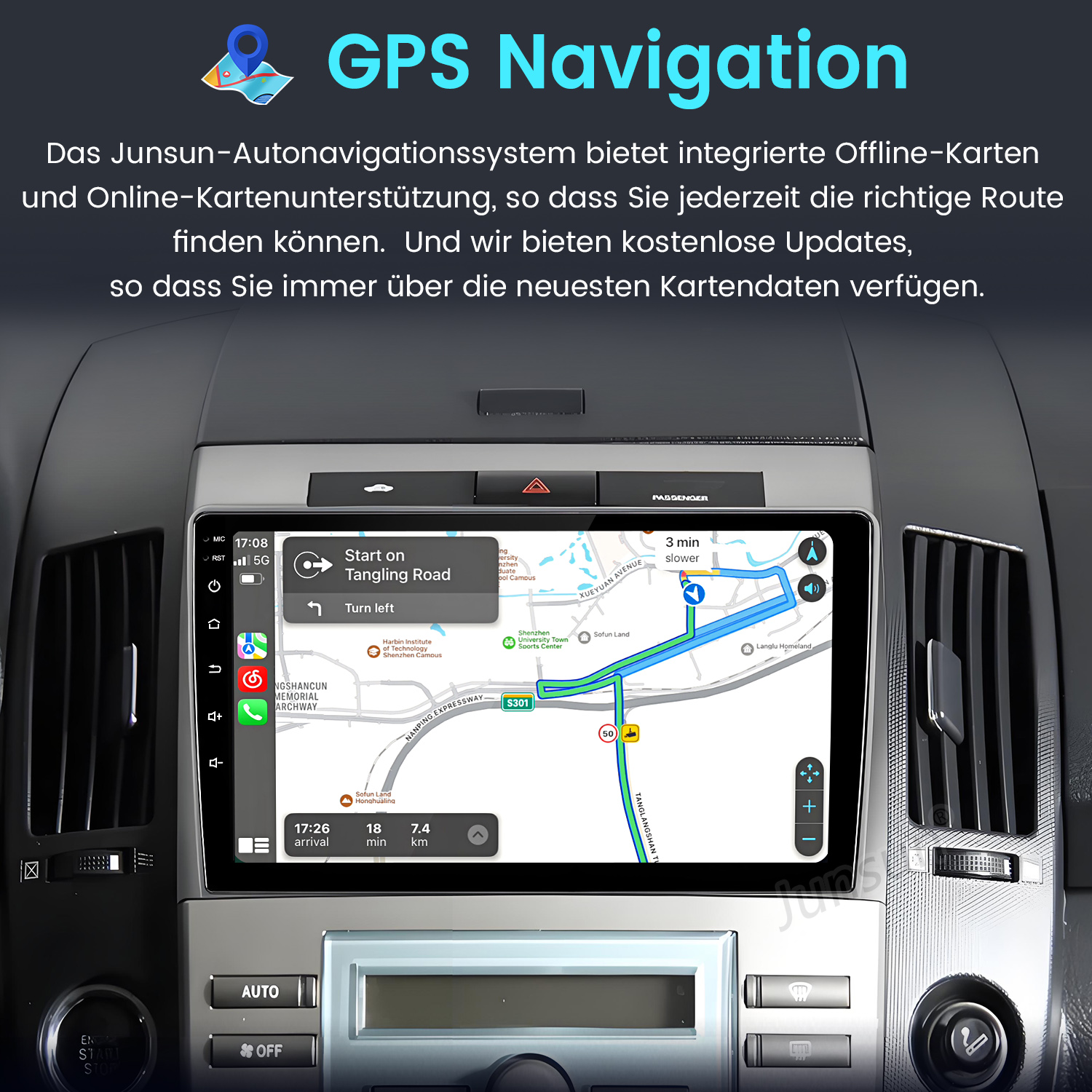 Auto-Armaturenbrett mit GPS-Navigation und Karte. Routenführung und Abbiegerichtungen werden angezeigt.