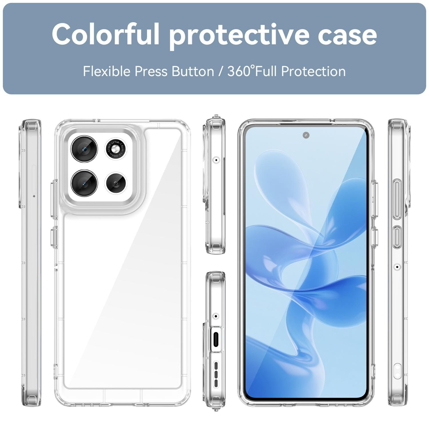 Funda transparente para teléfono con gráfico de pantalla azul. Muestra vistas frontal, posterior y lateral. Texto: 'Funda protectora'.