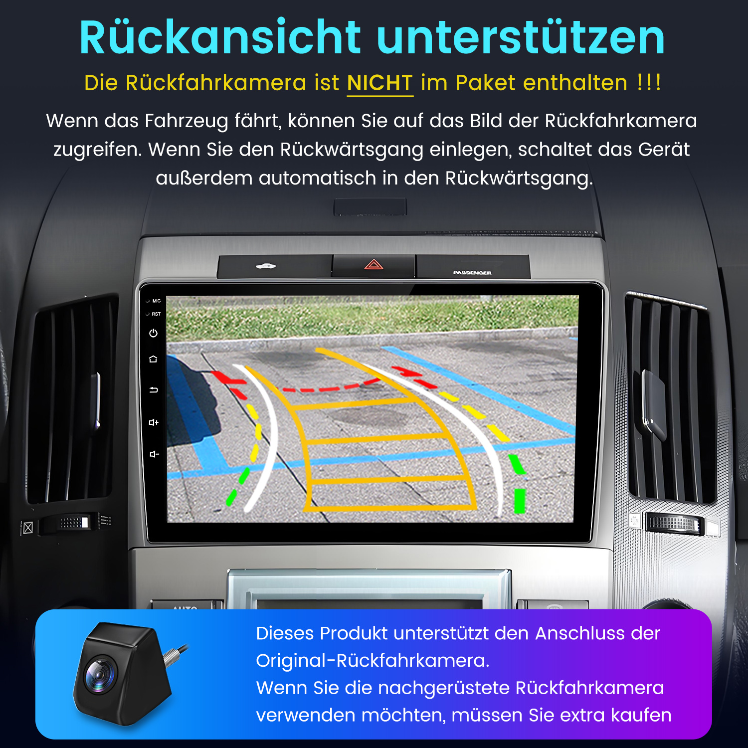 Armaturenbrett mit Rückfahrkameraanzeige und Führungslinien. Unten ist eine Kamera abgebildet.