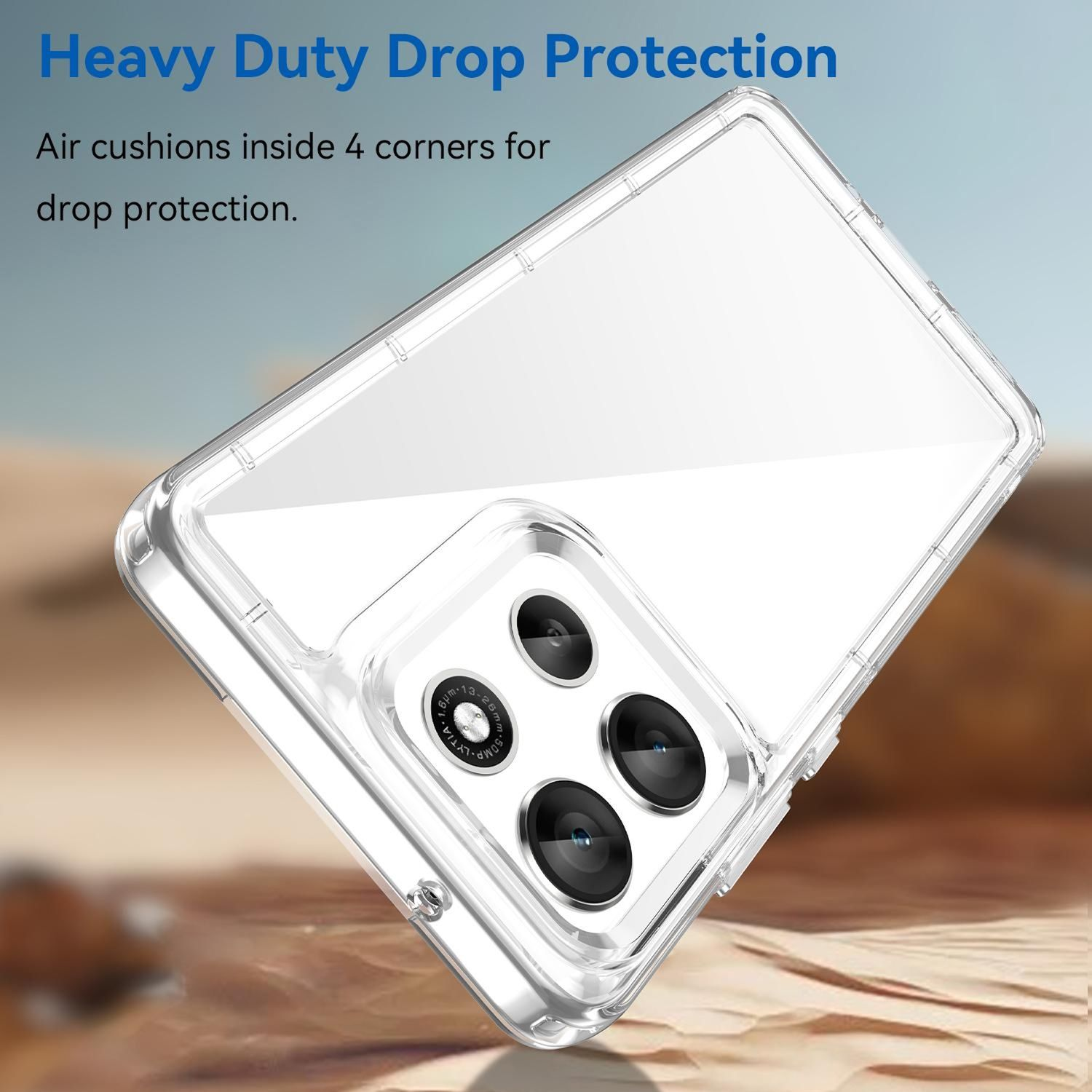 Funda transparente para teléfono con detalles de la lente de la cámara. El texto en la funda dice: Heavy Duty Drop Protection.
