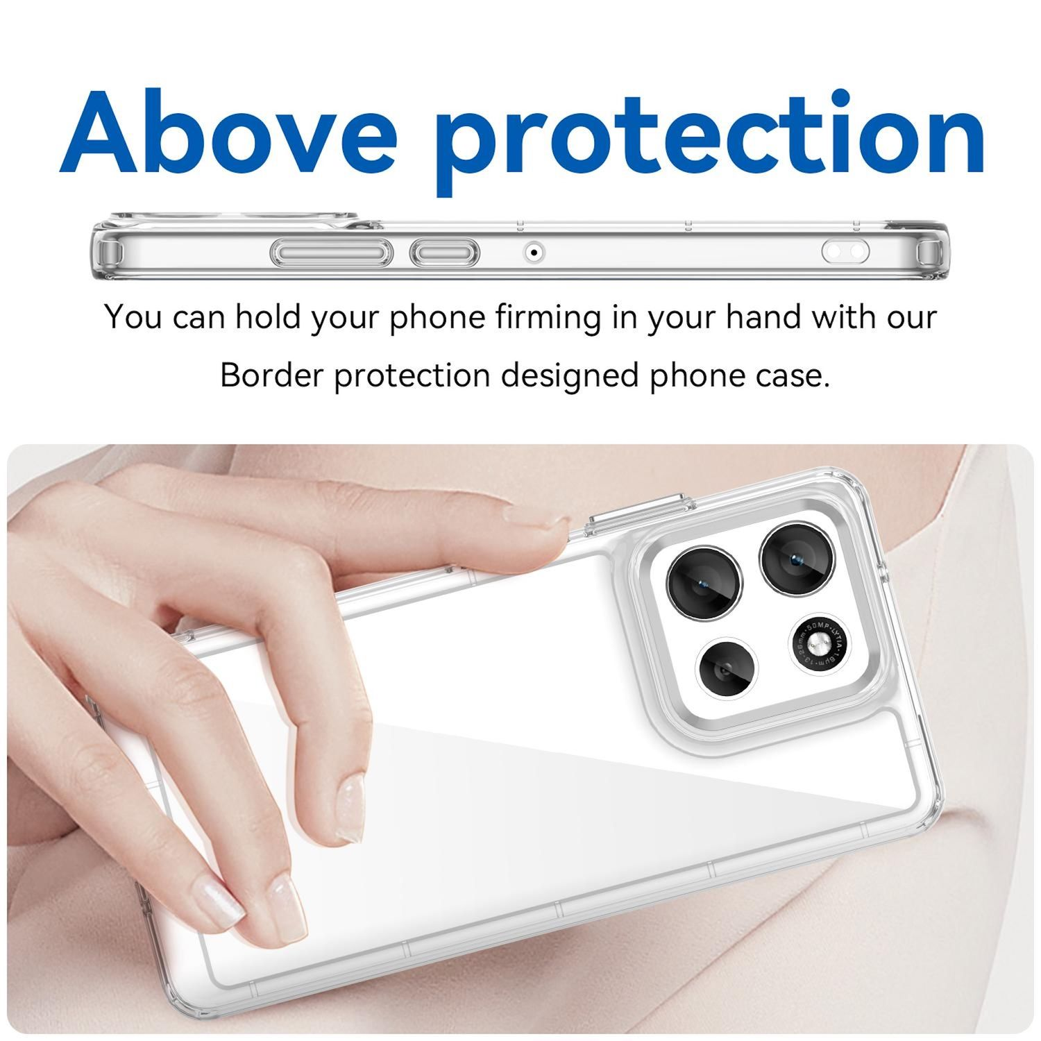 Una funda transparente para teléfono sostenida por una mano. La funda tiene un bulto de cámara. El texto dice 'Above protection' y 'Border protection designed phone case'.