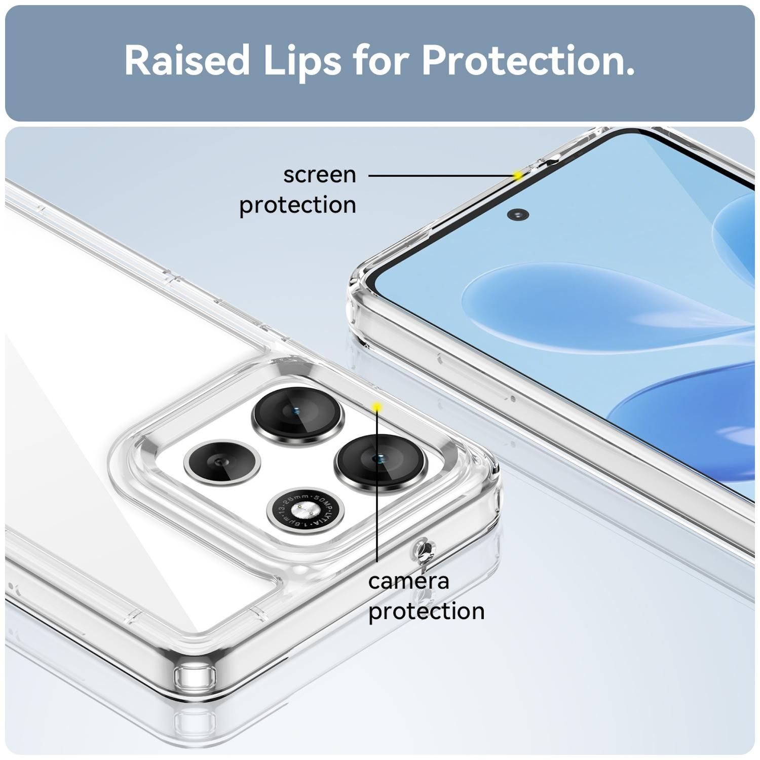 Funda transparente con bordes elevados para proteger pantalla y cámara, mostrando la pantalla y lentes del teléfono.