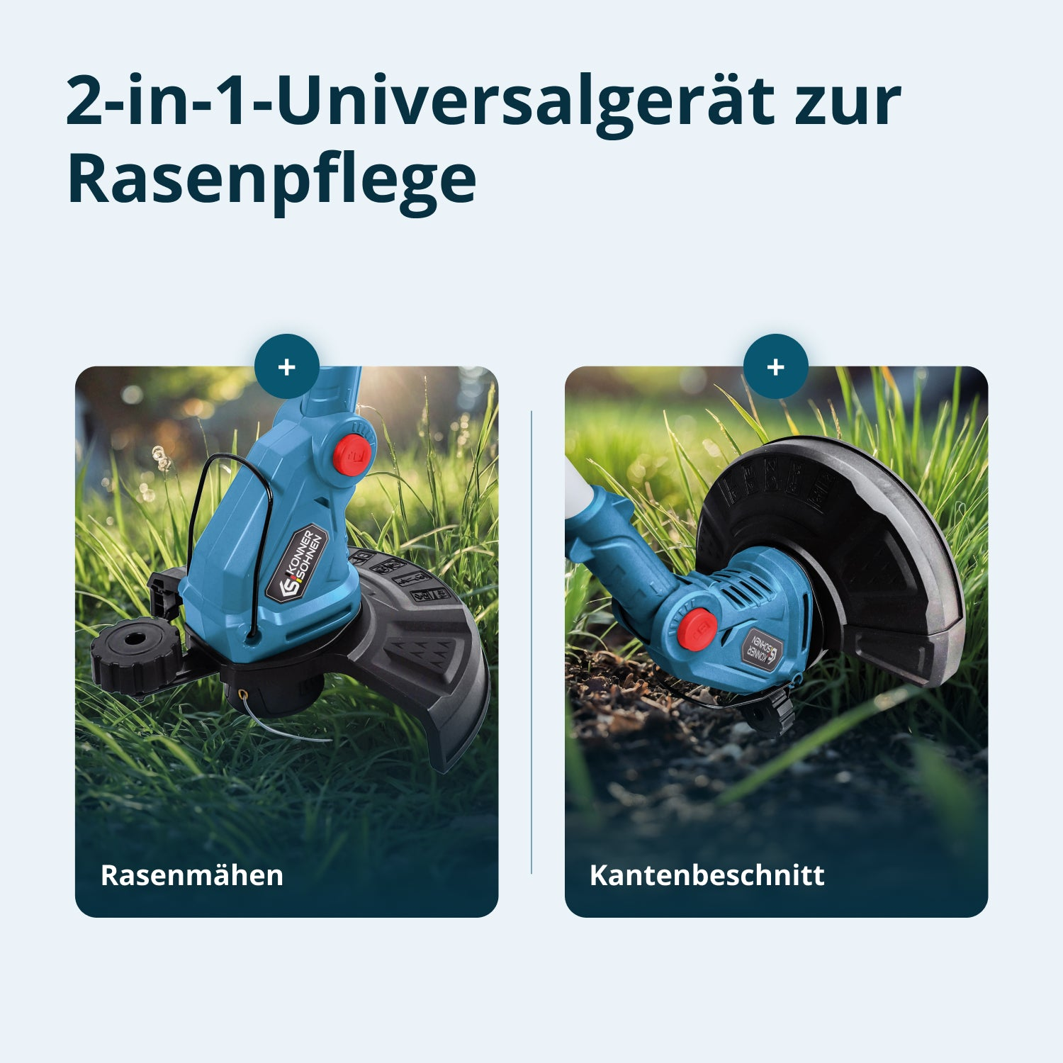 L'image montre un outil d'entretien de pelouse 2-en-1. Une image montre la tonte, l'autre la coupe des bordures. Les deux outils sont bleus et noirs, avec de l'herbe verte.