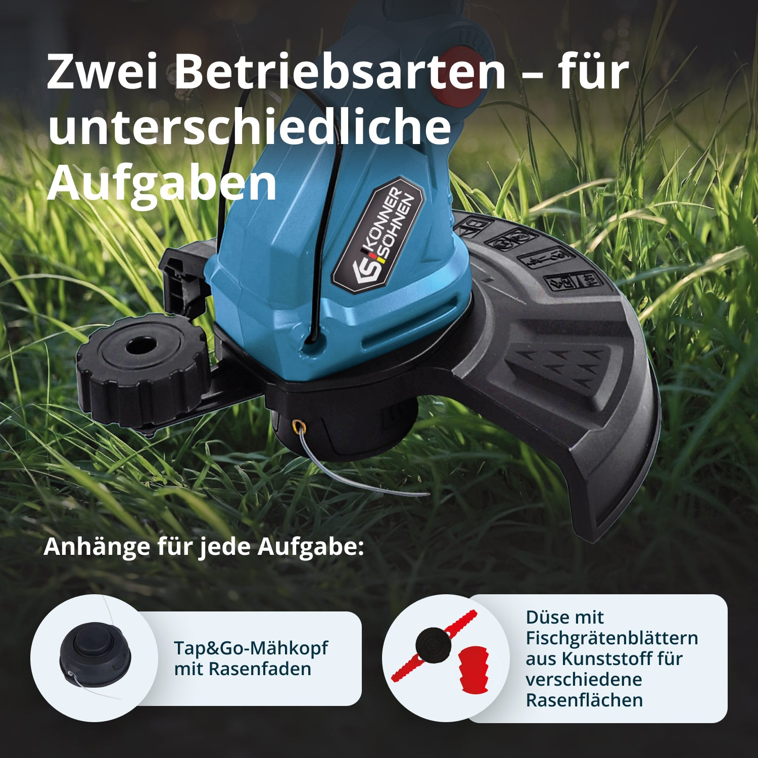 Tondeuse électrique. Texte en allemand : 'Deux modes de fonctionnement pour différentes tâches'. Accessoires pour différents types de gazon.