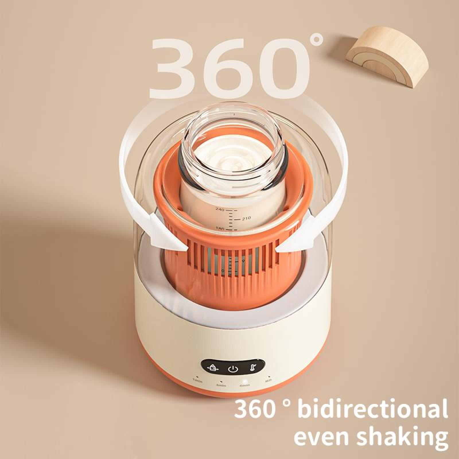 Ein Babyflaschenwärmer. Er hat einen weißen Sockel, orangefarbene Innenteile und ein klares Außengehäuse. Er verfügt über 360° bidirektionales Schütteln.