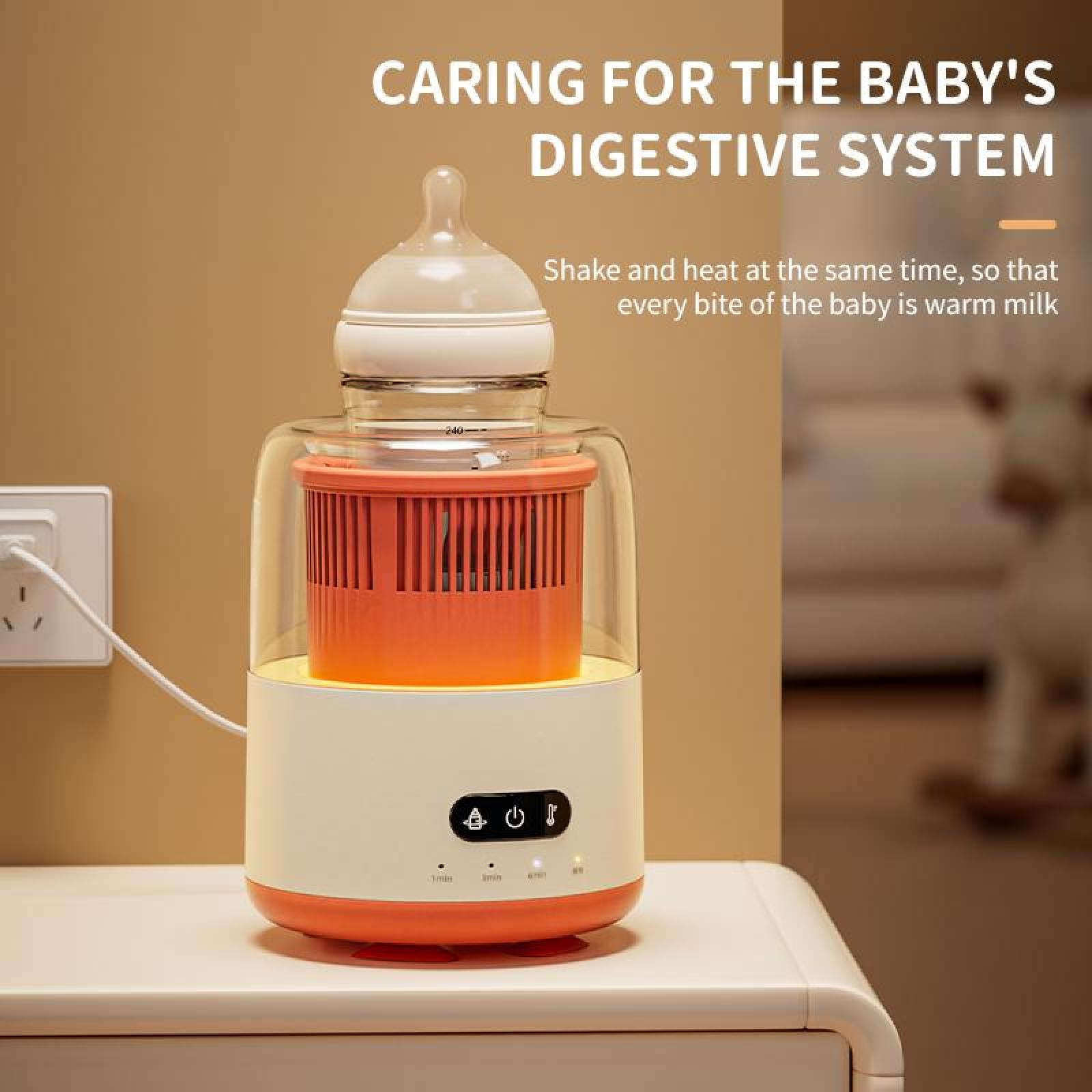 Ein Babyflaschenwärmer mit einer Flasche obenauf. Es hat orangefarbene und weiße Teile. Text: Pflege für das Verdauungssystem des Babys.