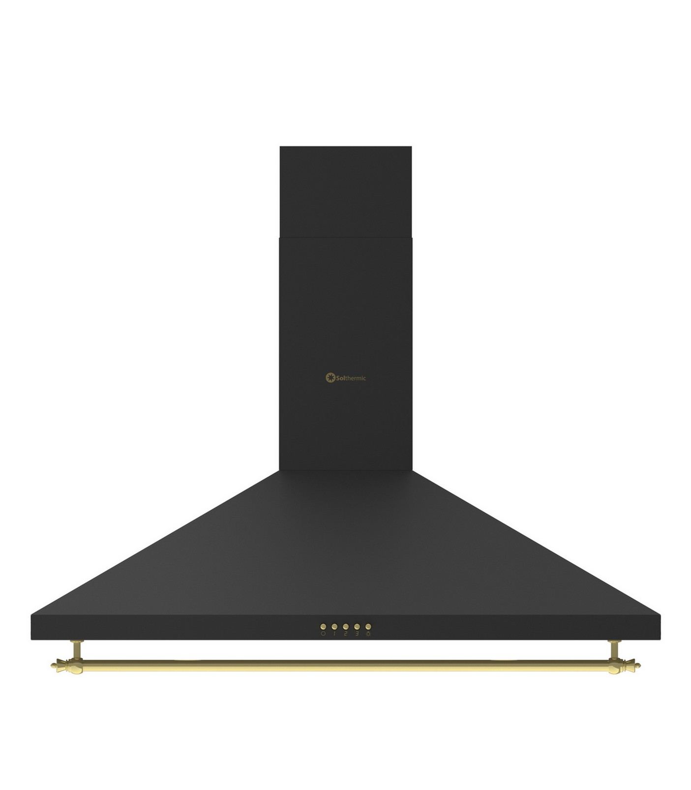 Campana extractora negra con detalles dorados. Tiene forma triangular con parte superior rectangular y barra dorada abajo.