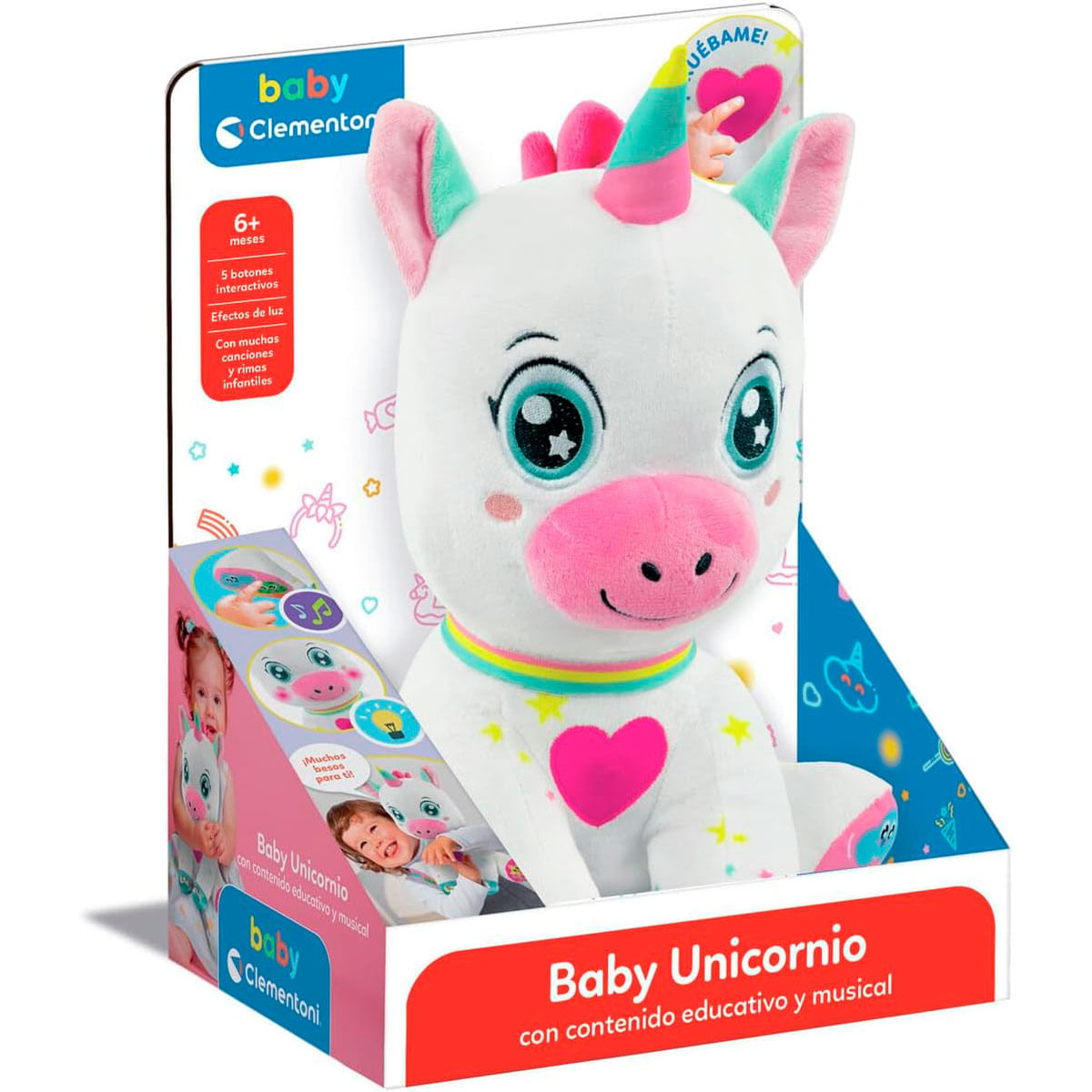 Un peluche de unicornio blanco en una caja. Tiene una nariz rosa, un corazón y un cuerno con un collar de arcoíris. La caja tiene texto e imágenes.