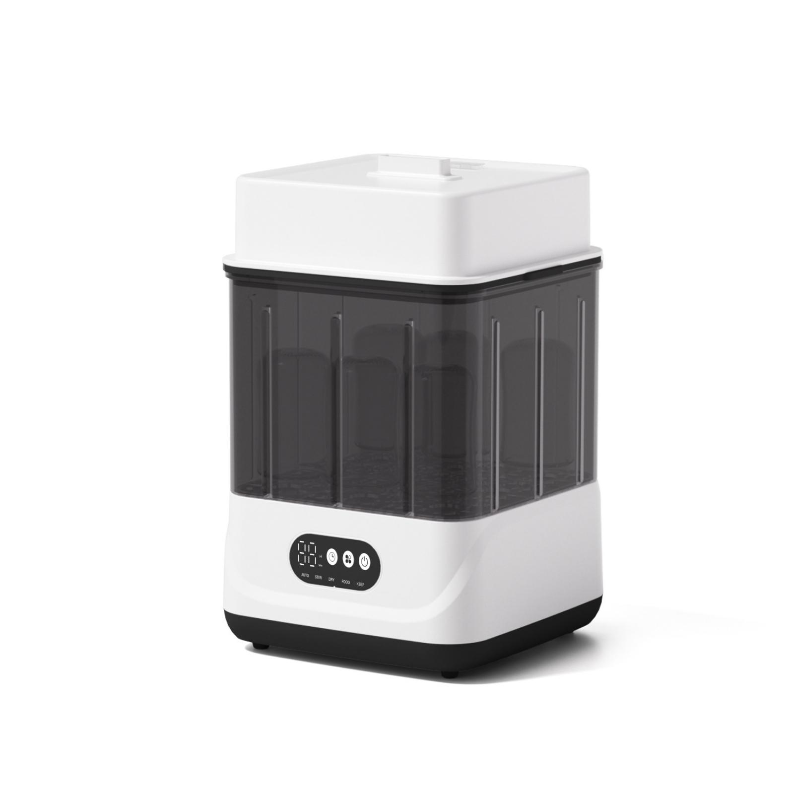 Ein weiß-schwarzer Babyflaschensterilisator. Er hat ein rechteckiges Design mit Digitalanzeige.