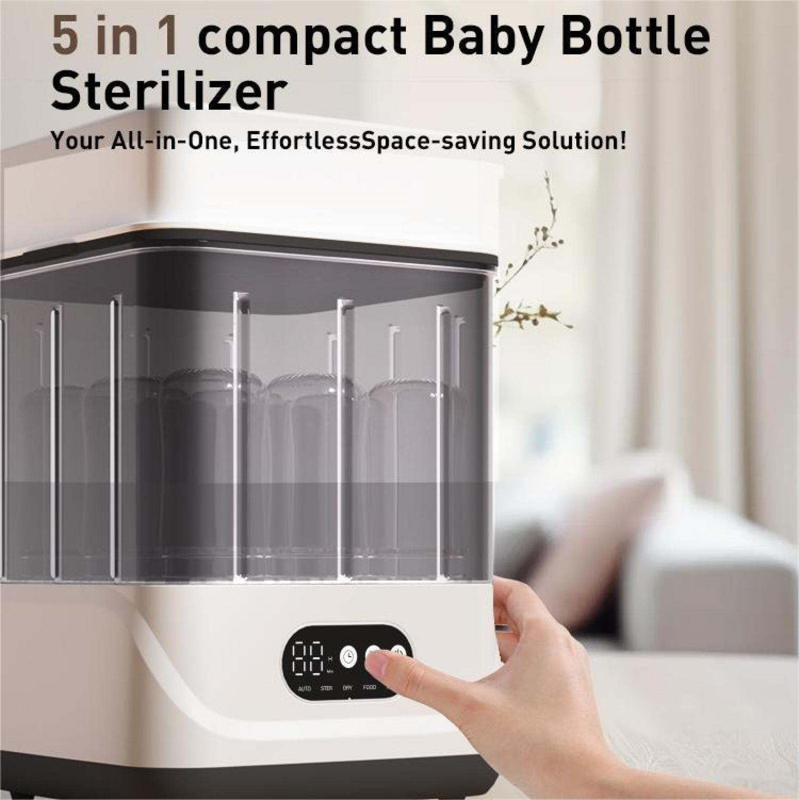 Ein weißer Babyflaschensterilisator. Eine Hand drückt einen Knopf. Im Inneren befinden sich Flaschen. Text: 5 in 1 Babyflaschensterilisator.