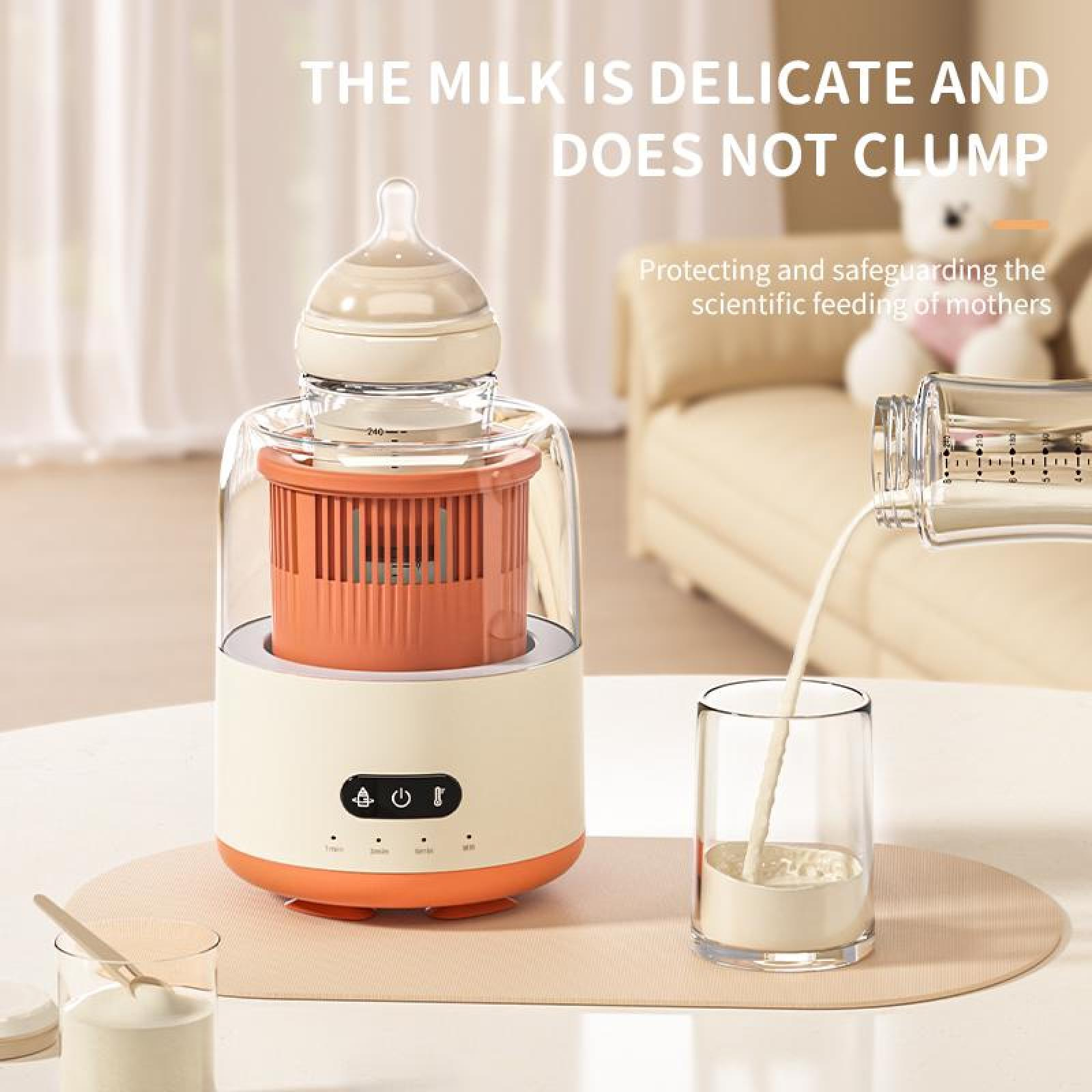 Auf einem Tisch steht ein Babyflaschenwärmer. Milch wird in ein Glas gegossen. Der Text lautet: Die Milch ist zart und verklumpt nicht.