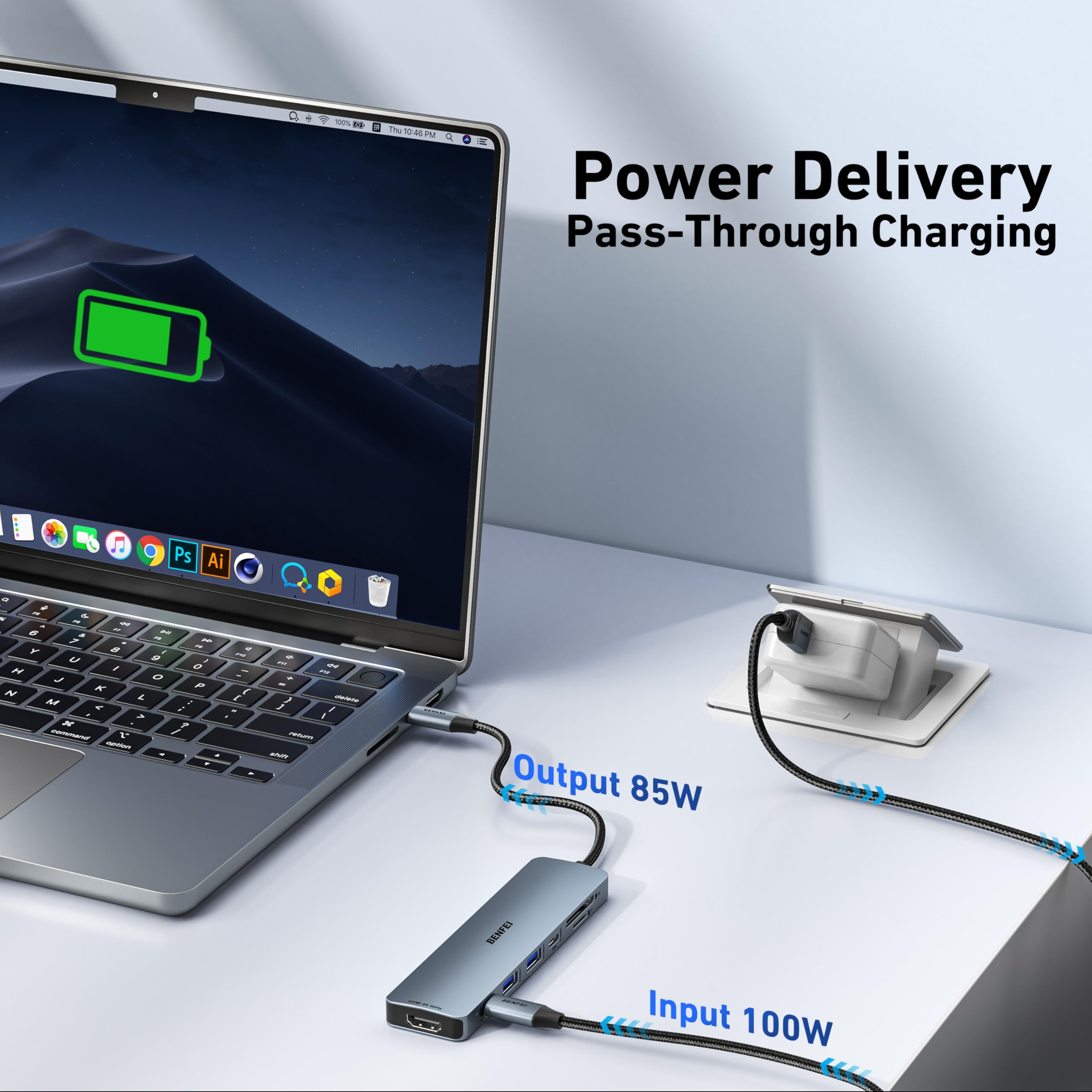 Laptop mit Ladegerät, das an einen Hub angeschlossen ist. Texte sagen 'Power Delivery' und 'Input 100W'.