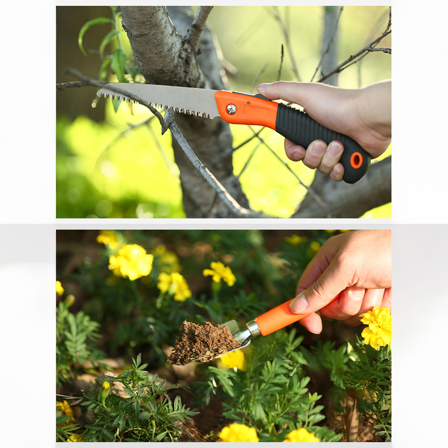 Eine Hand hält eine Säge und schneidet einen Ast ab. Eine andere Hand hält eine Kelle mit Erde in einem Blumenbeet mit gelben Blumen.