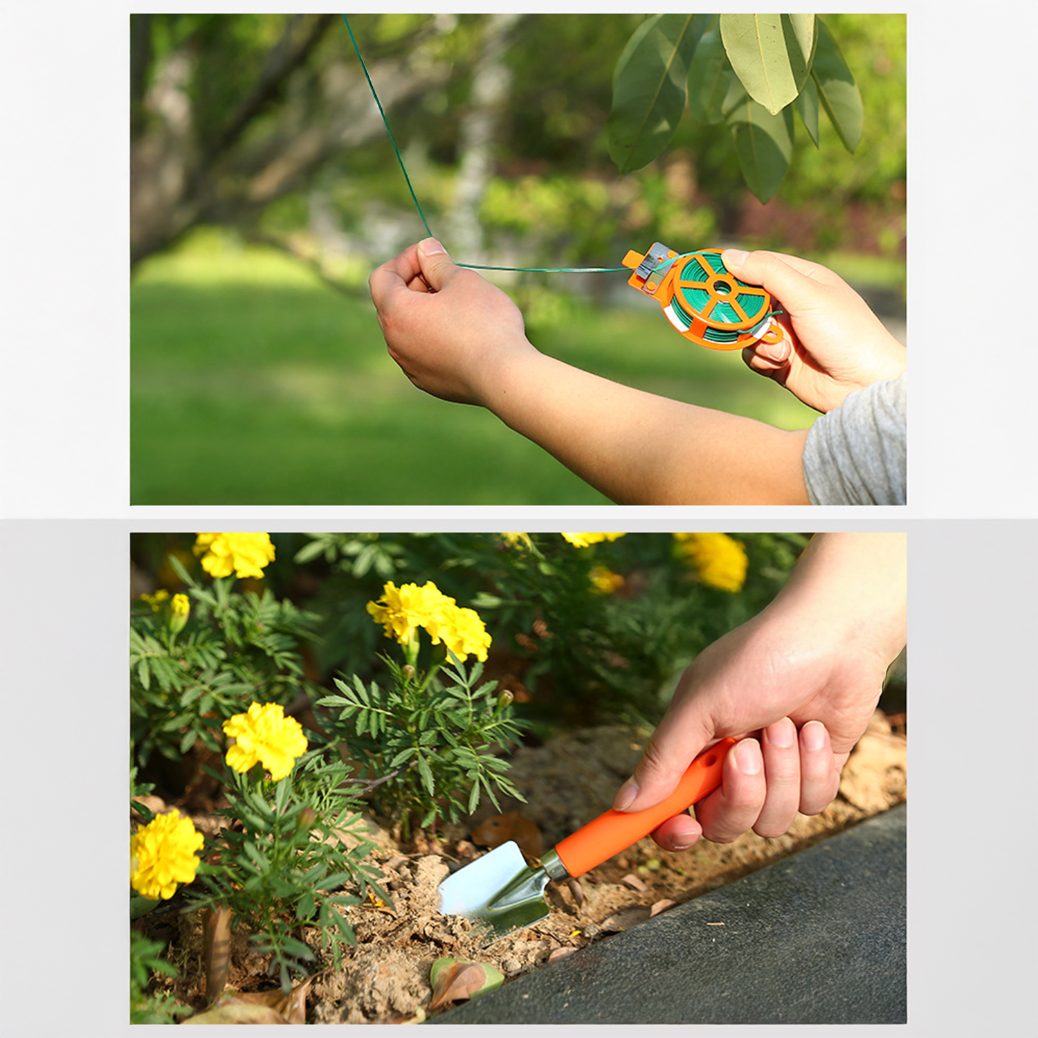 Eine Person hält eine grüne Schnur und einen orange-grünen Schnurwickler. Unten hält eine Hand eine kleine Kelle in der Nähe gelber Blumen.