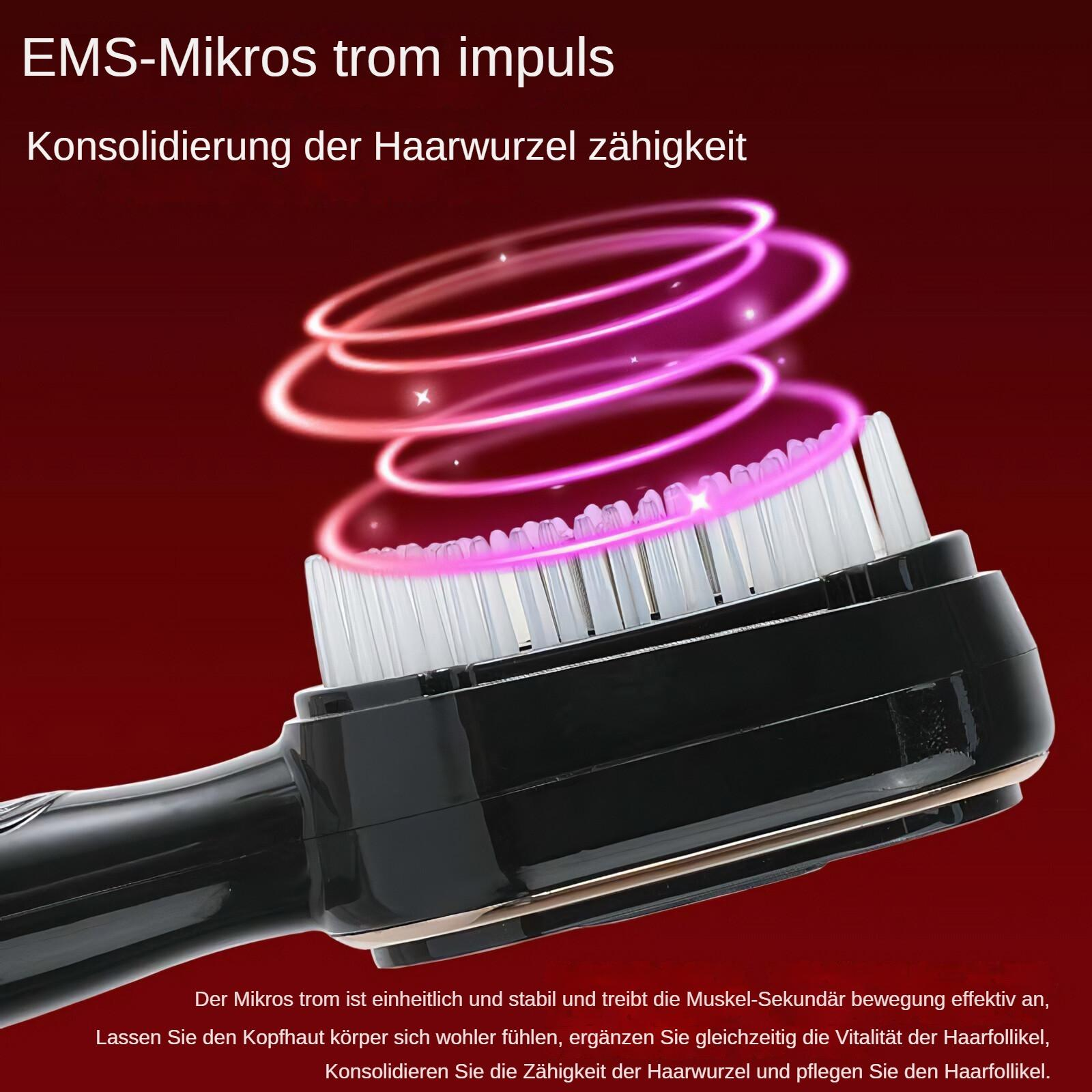 Ein schwarzes Haarpflegegerät mit weißen Borsten und rosa Energieringen. Der Text oben lautet 'EMS-Mikros trom impuls'.
