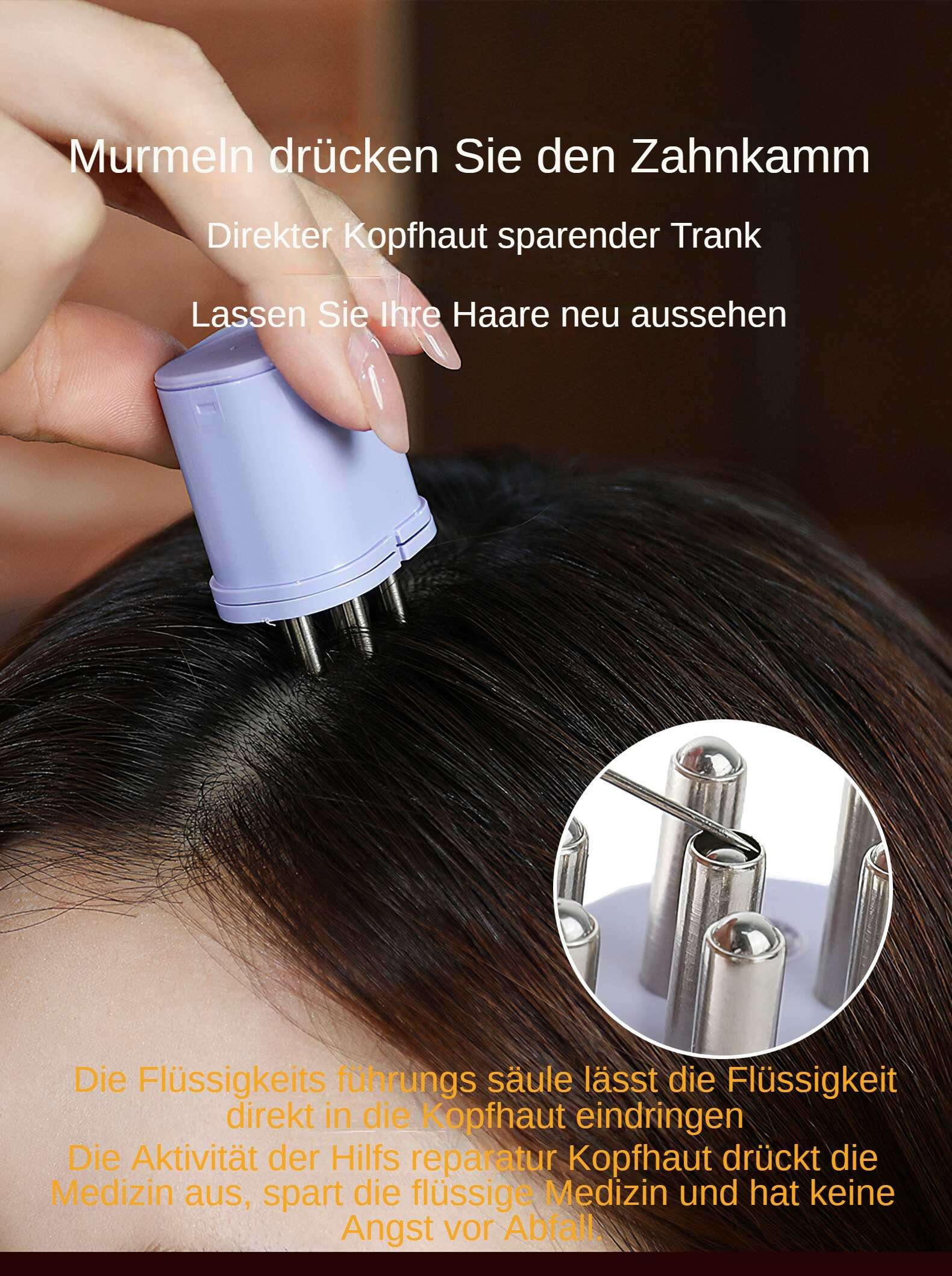 Eine Hand hält ein lila Gerät mit Nadeln und trägt es auf das dunkle Haar einer Person auf. Text auf Deutsch ist sichtbar.