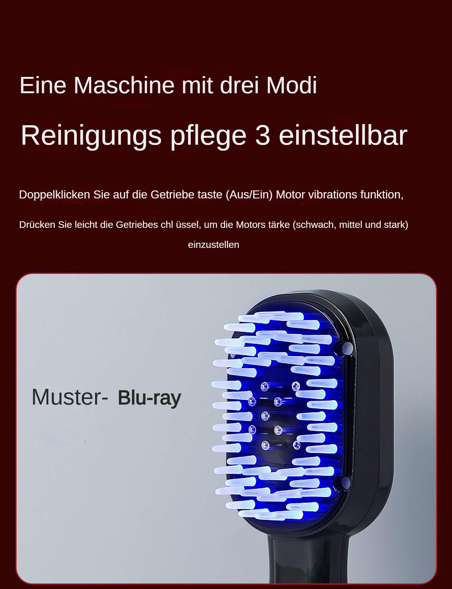 Ein schwarzes Gerät mit weißen Borsten, die blaues Licht emittieren. Der Text beschreibt die Funktionen und Einstellungen.