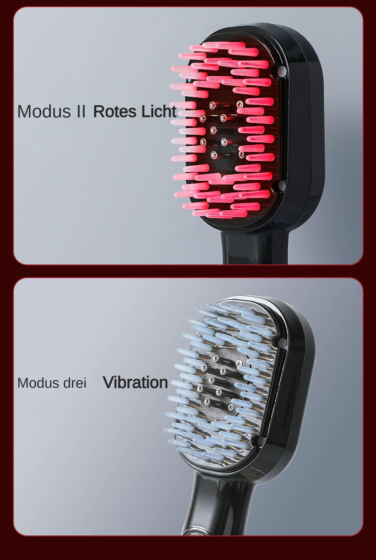 Haarbürste mit roten Lichtern und blauen Borsten. Oben wird der Rotlichtmodus, unten der Vibrationsmodus gezeigt.