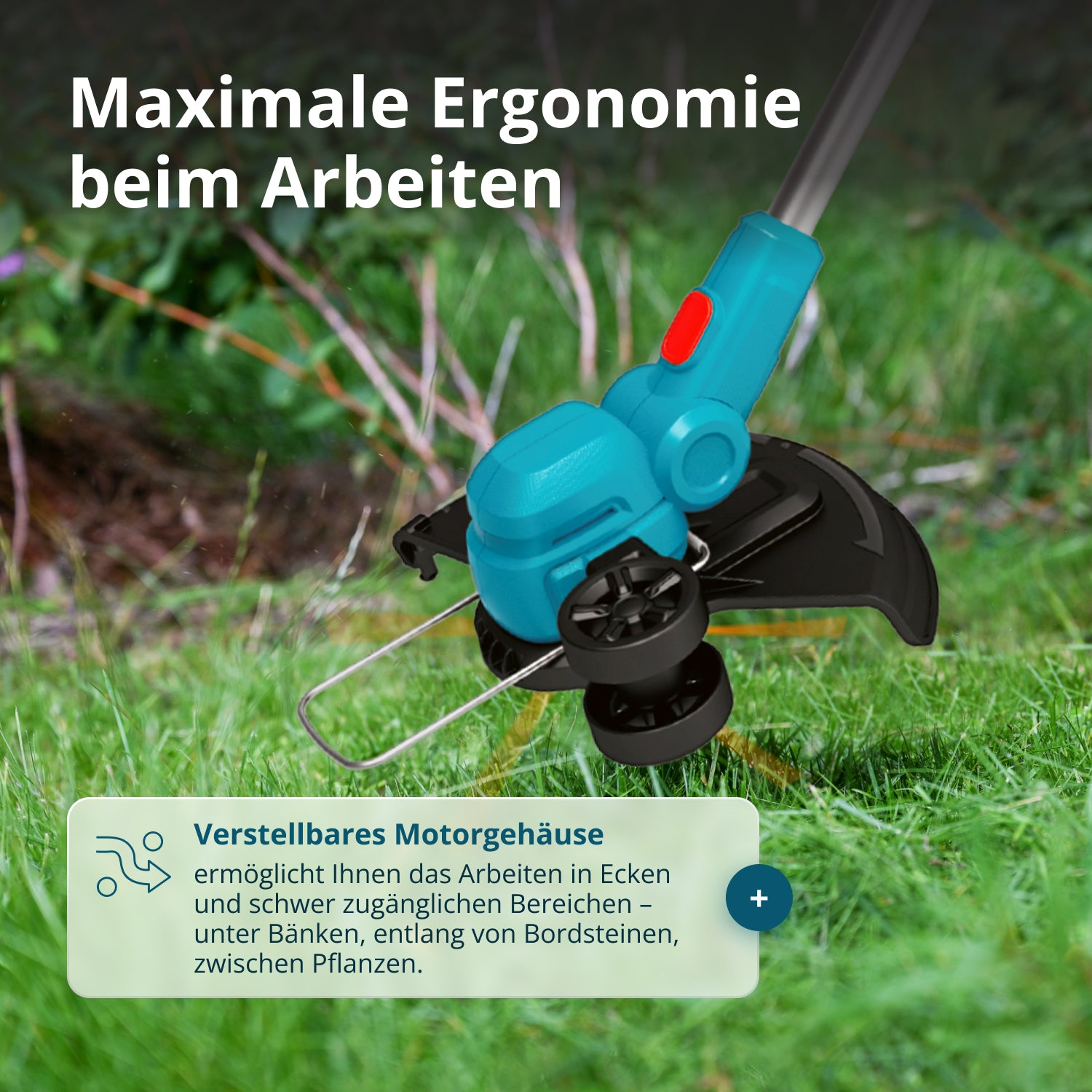 Une débroussailleuse turquoise et noire est positionnée sur de l'herbe verte. Le texte en haut dit 'Ergonomie maximale au travail'.