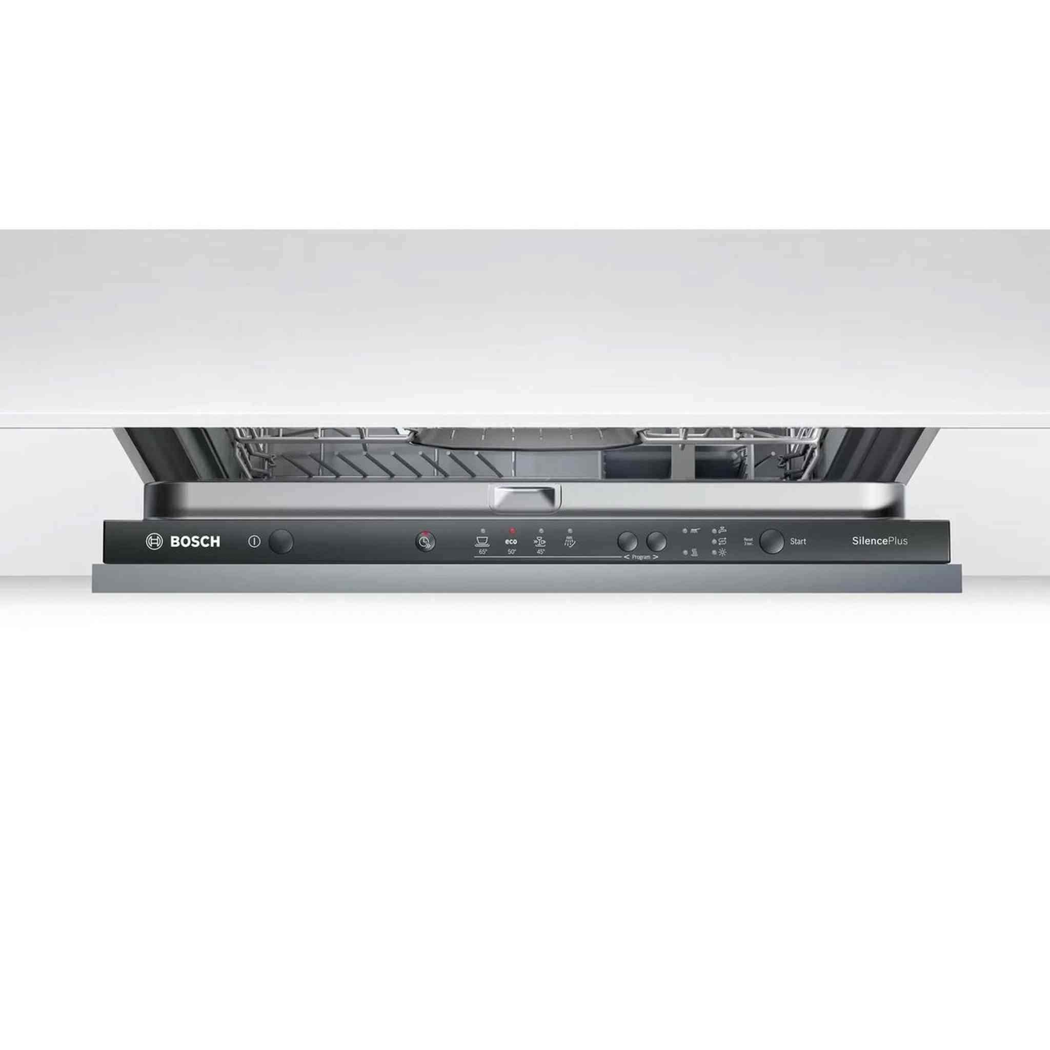 Un lavavajillas Bosch con la puerta abierta. El panel de control muestra botones para diferentes ciclos y un botón de inicio.