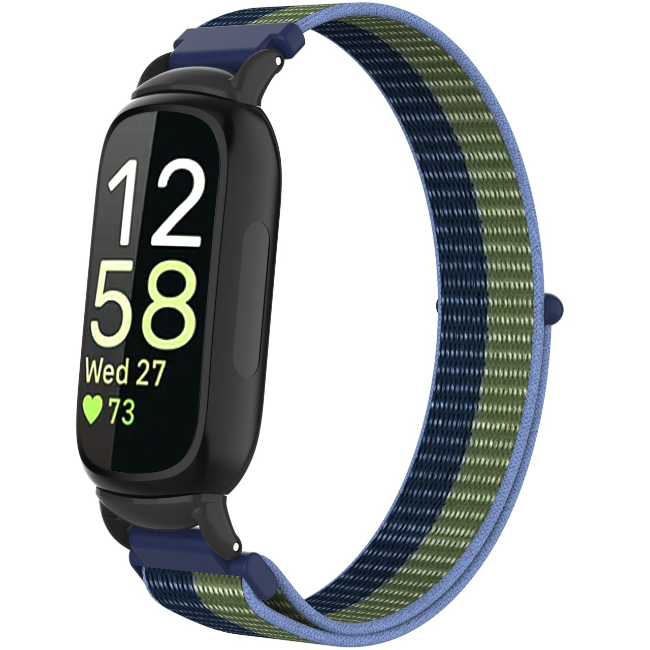 Uno smartwatch nero mostra ora, data e frequenza cardiaca. Il cinturino è a righe verdi, blu e blu navy. Accenti blu nei punti di connessione dell'orologio.