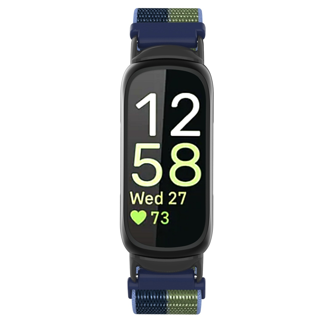 Uno smartwatch nero mostra l'ora 12:58, mercoledì 27, con un'icona a forma di cuore e 73. Ha cinturini blu navy e verdi.
