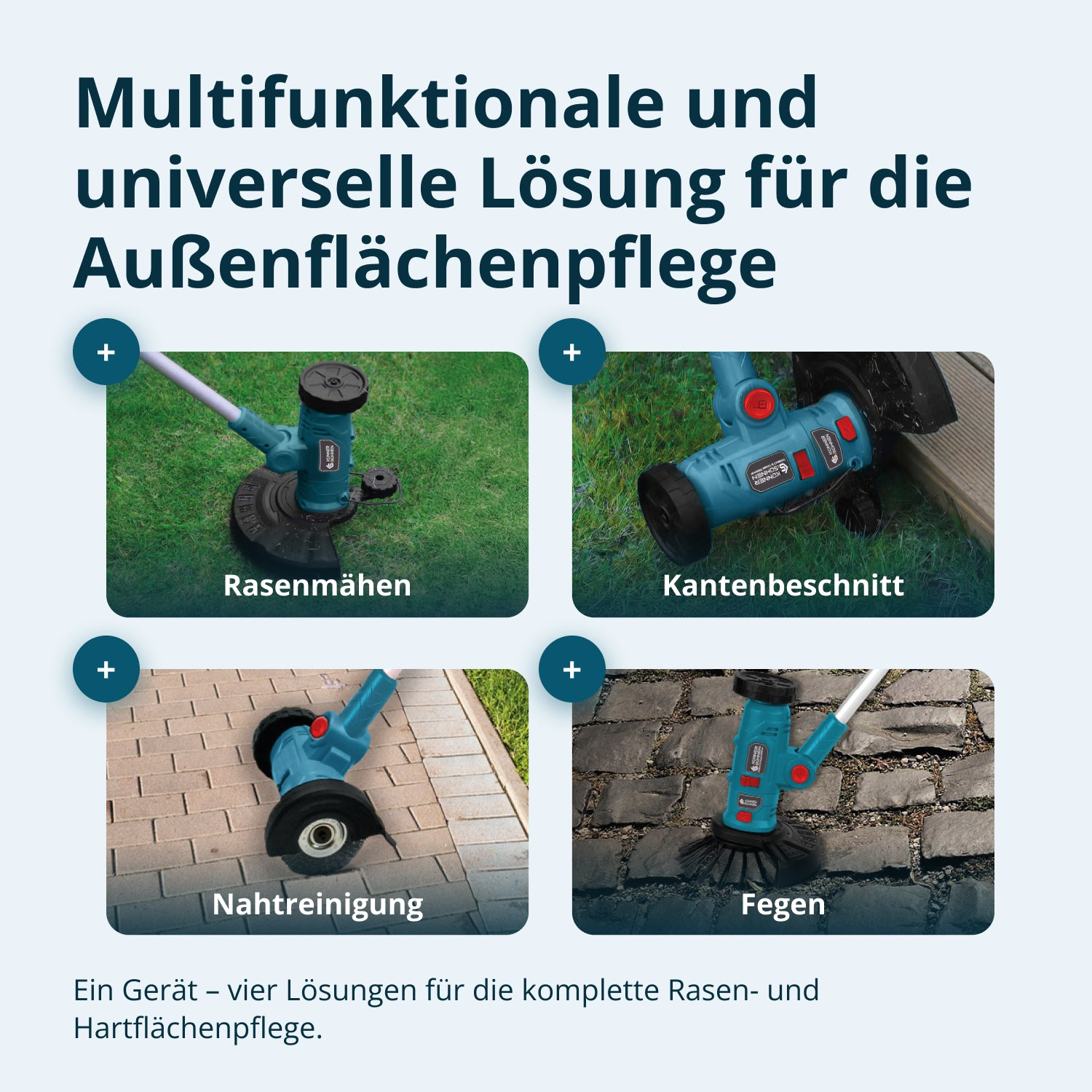 Een blauwgroene en zwarte multitool wordt gebruikt voor grasmaaien, randen trimmen, voegen reinigen en vegen op diverse oppervlakken. Tekst in het Duits.