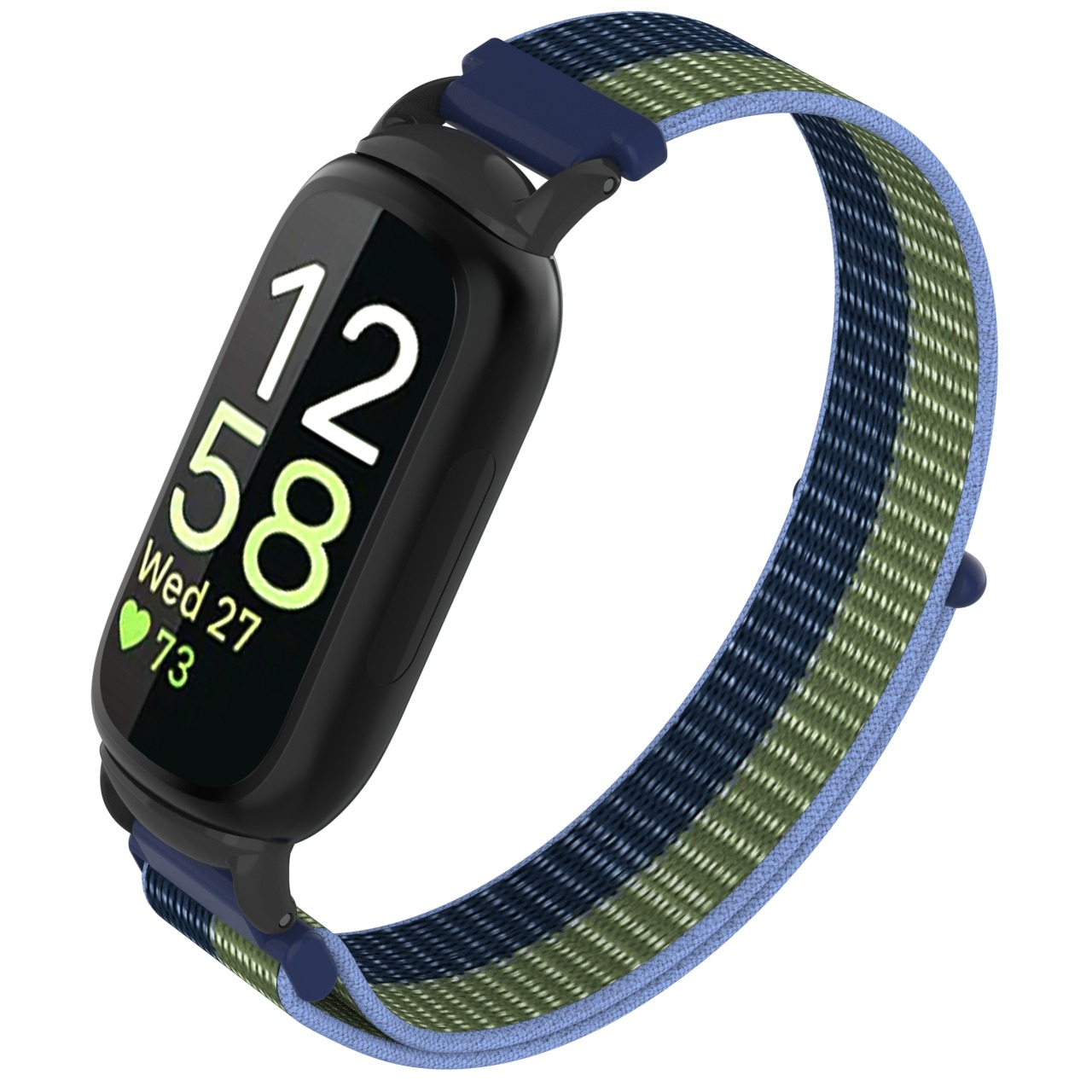 Uno smartwatch nero mostra ora, data e frequenza cardiaca. Ha un cinturino a righe blu, verdi e bianche.