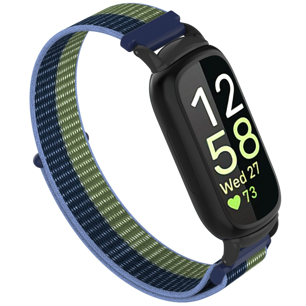 Smartwatch nero con cinturino multicolore che mostra l'ora e la data. Il cinturino è blu, verde e blu navy.