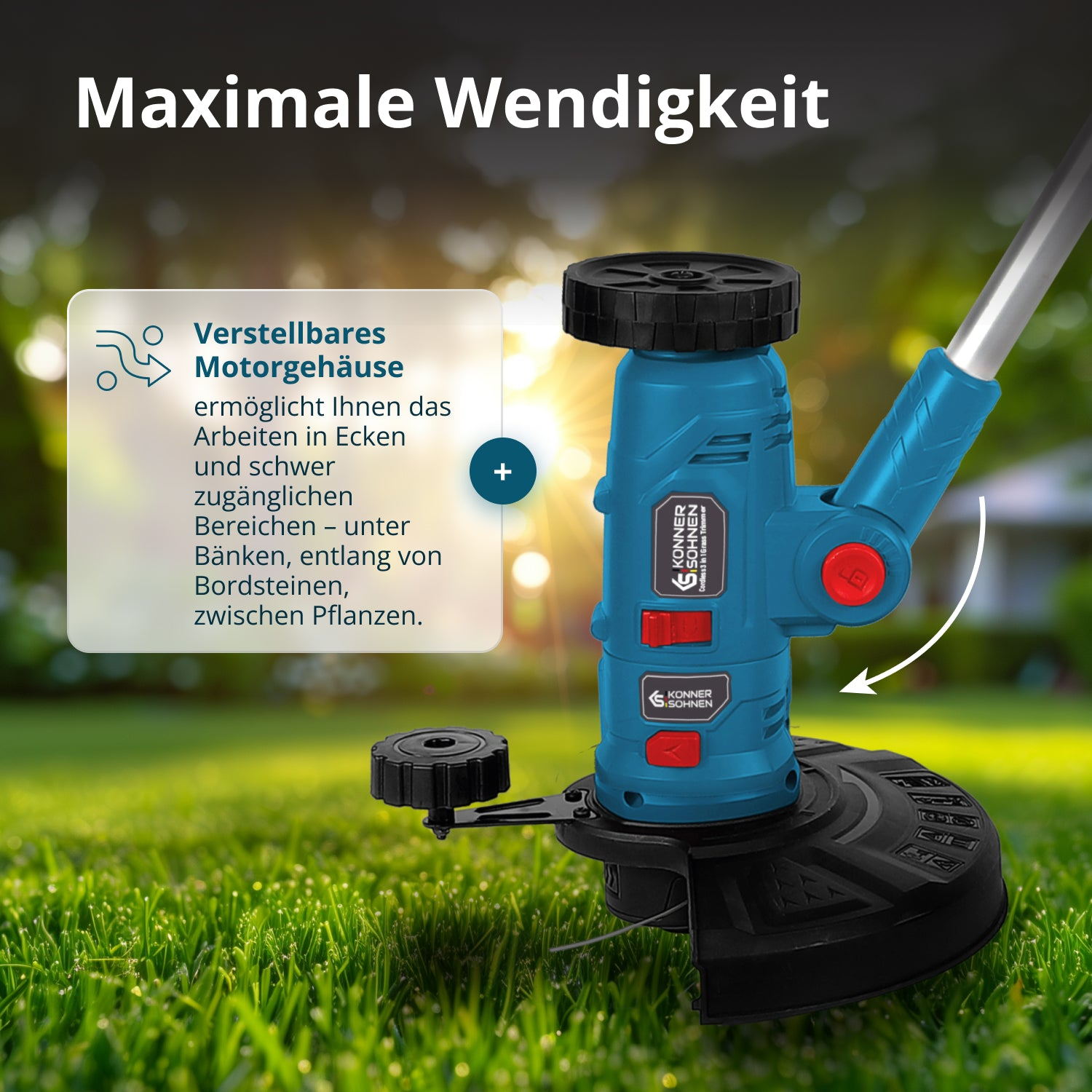 Een blauwzwarte grastrimmer op groen gras. Tekst zegt: Verstellbares Motorgehäuse, Maximale Wendigkeit en Konner & Sohnen.