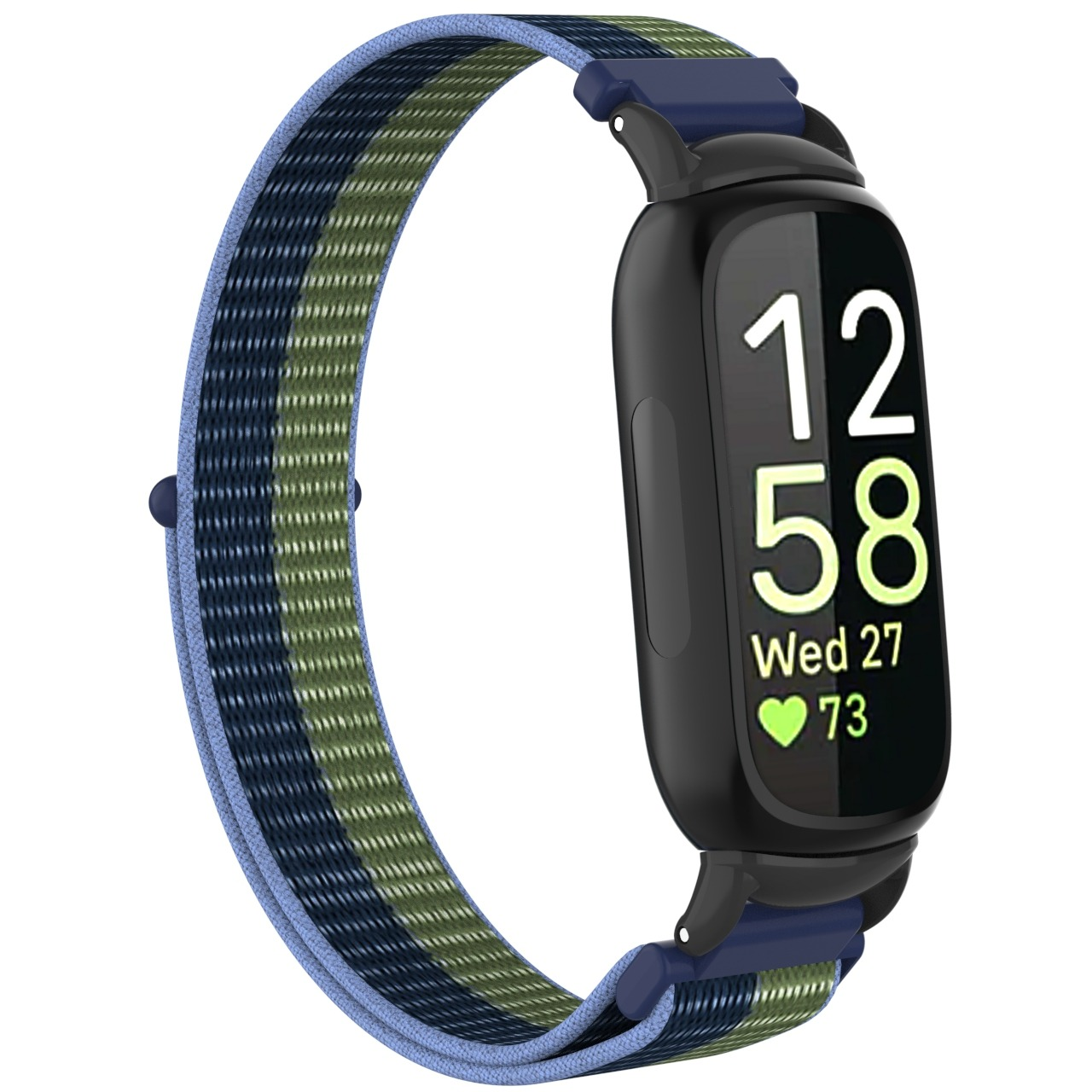 Uno smartwatch nero mostra le 12:58, mercoledì 27 e una frequenza cardiaca di 73. Ha un cinturino in tessuto blu, verde e blu navy.