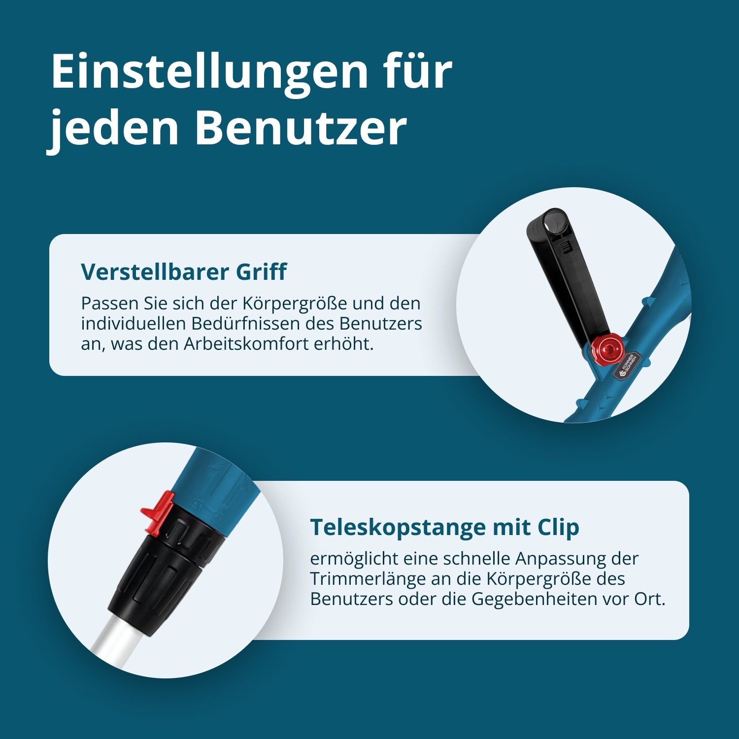 Afbeelding toont productkenmerken: verstelbare handgreep en telescopische paal met clip voor personalisatie. Tekst in het Duits.
