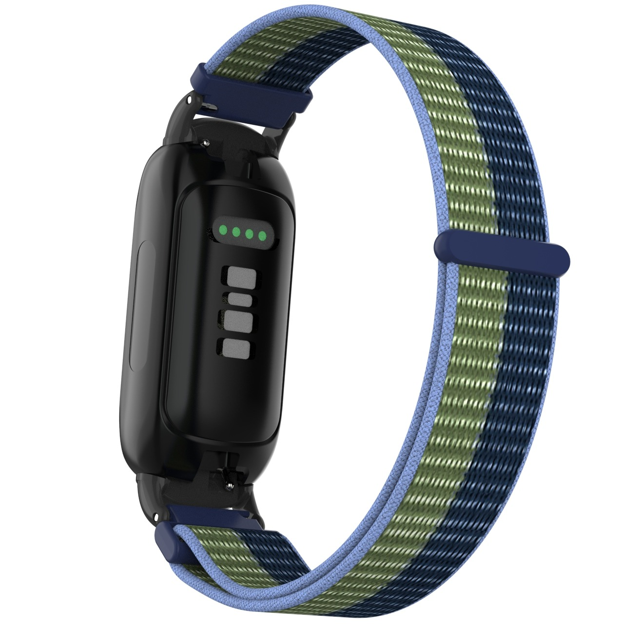 Fitness tracker nero con cinturino in tessuto a righe blu, verde e navy. Lo schermo mostra indicatori della batteria.
