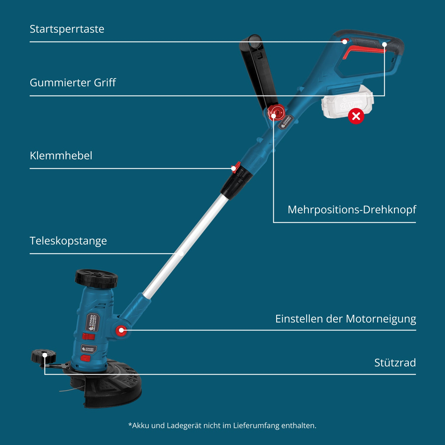Een blauw-zwarte grastrimmer. Onderdelen in het Duits gelabeld. Bevat een handvat, een knop en een verstelbare kop, met een doorgestreept batterijsymbool.