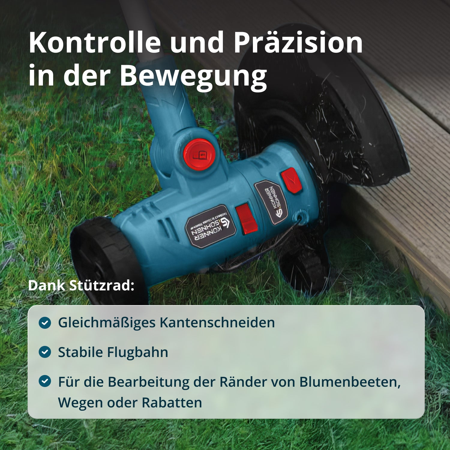 Een turquoise en zwarte graskantensnijder ligt op gras en houten planken. De Duitse tekst vermeldt controle en precisie.