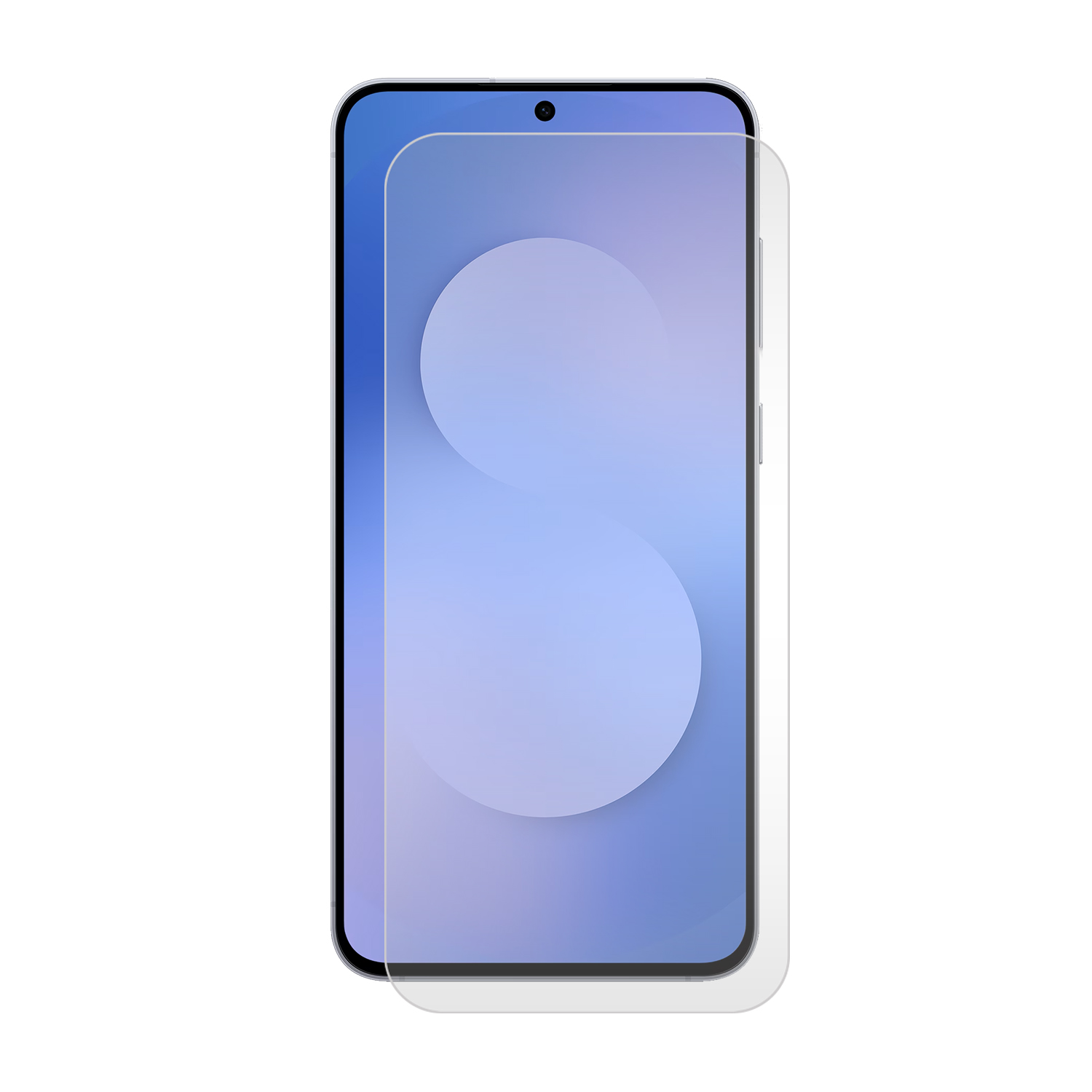 Een smartphone met een schermbeschermer aangebracht. Het scherm toont een lichtblauwe en paarse gradiënt. De achtergrond is wit.