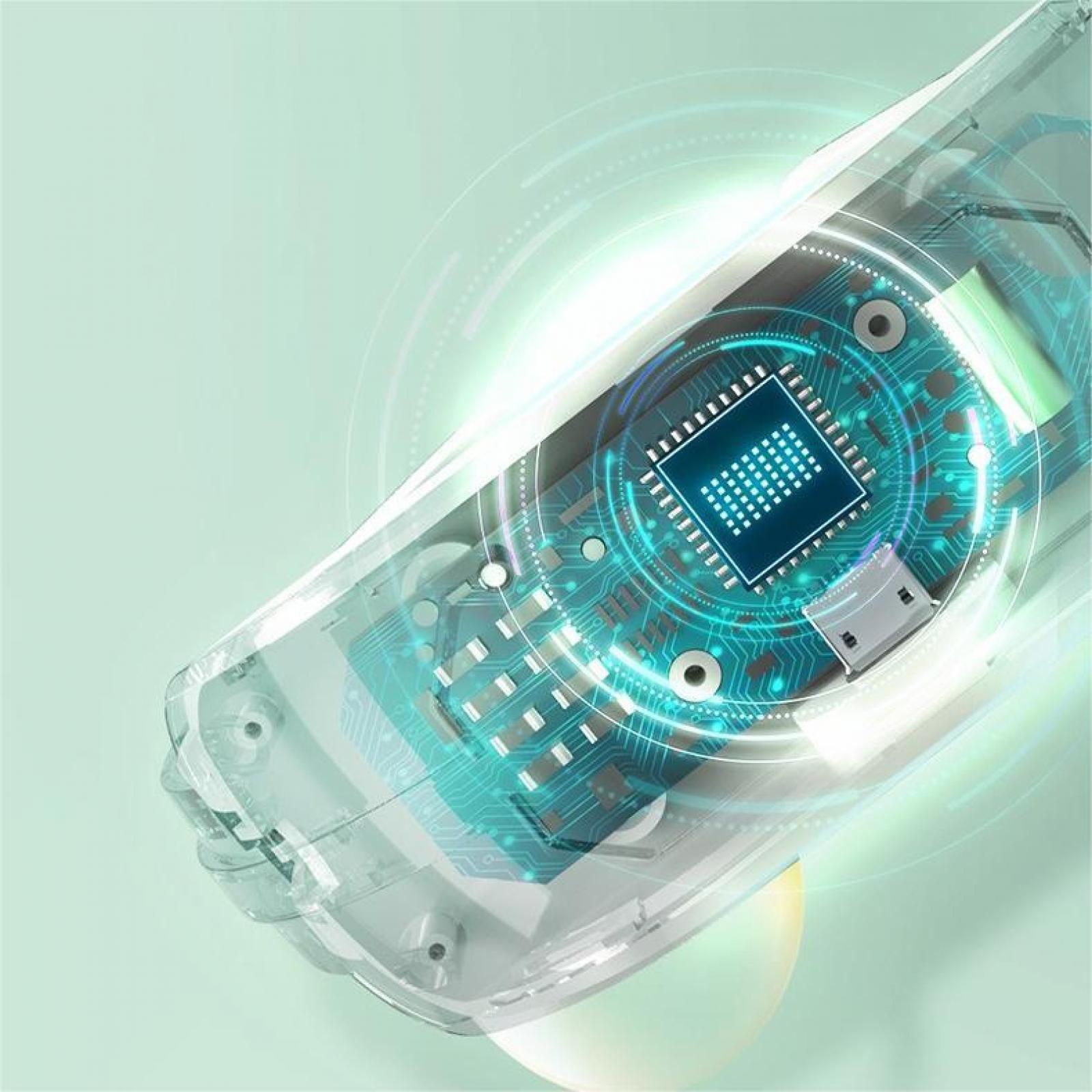 Ein transparentes Gerät mit einer Platine im Inneren, auf hellgrünem Hintergrund, mit leuchtend blauen und weißen Linien.