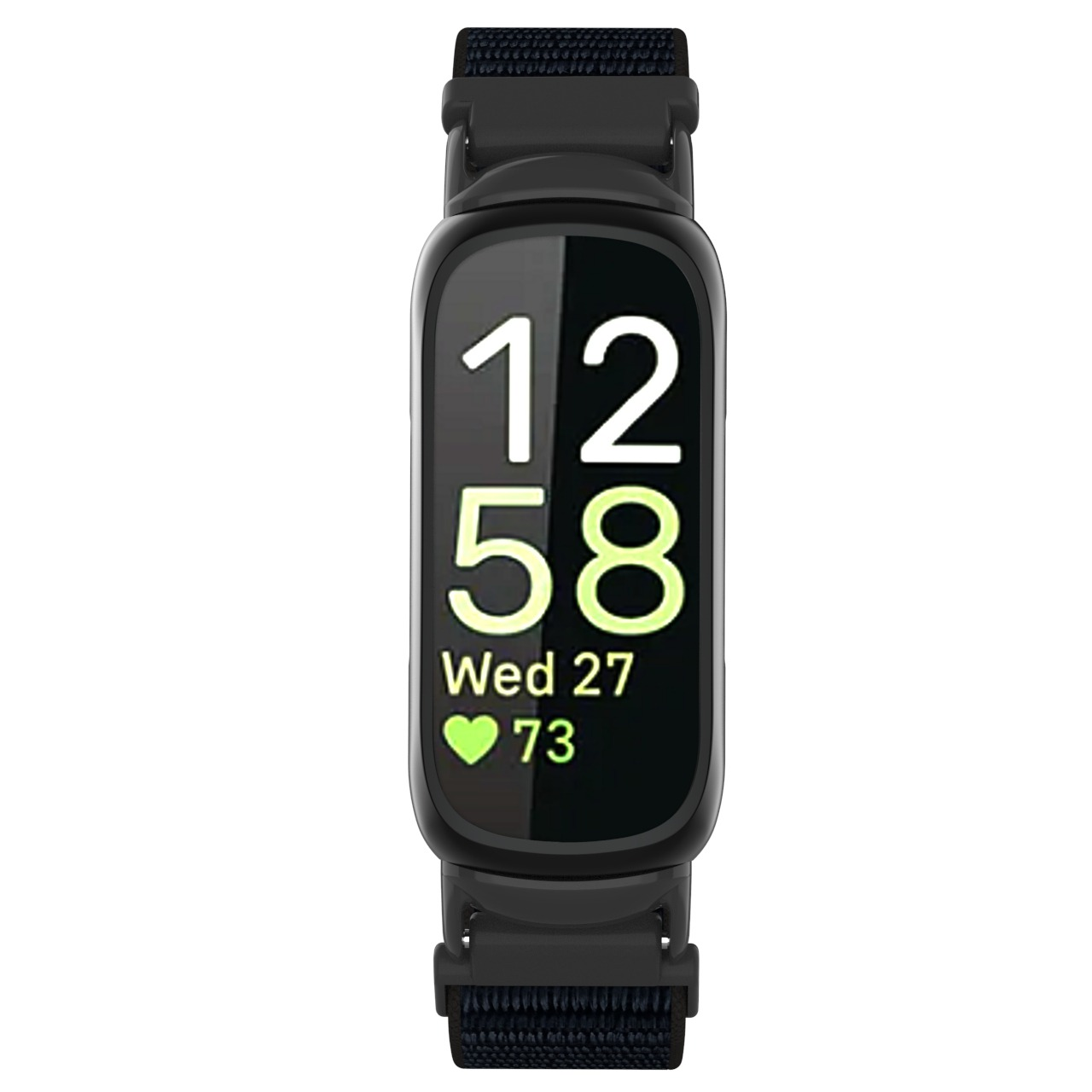 Schwarzer Fitnesstracker, der die Uhrzeit 12:58, Mittwoch, den 27. und eine Herzfrequenz von 73 anzeigt. Er hat ein schwarzes Armband.