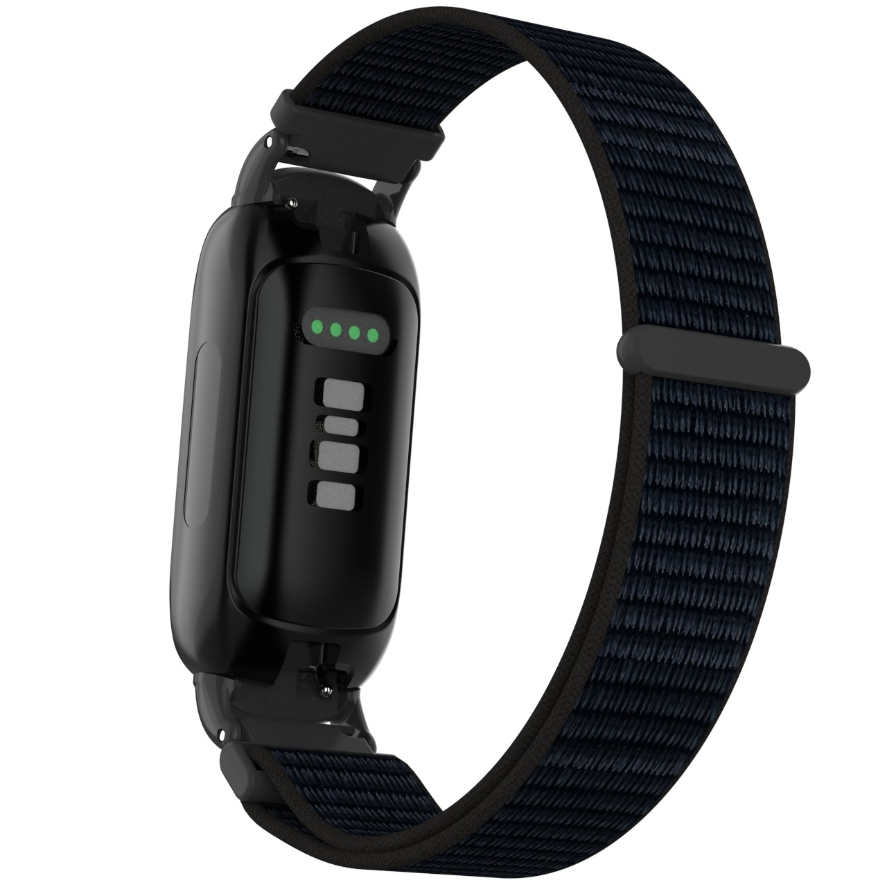Eine schwarze Smartwatch mit einem dunkelblauen Stoffarmband. Das Zifferblatt zeigt Batterieanzeigen. Das Armband ist kreisförmig geschlungen.