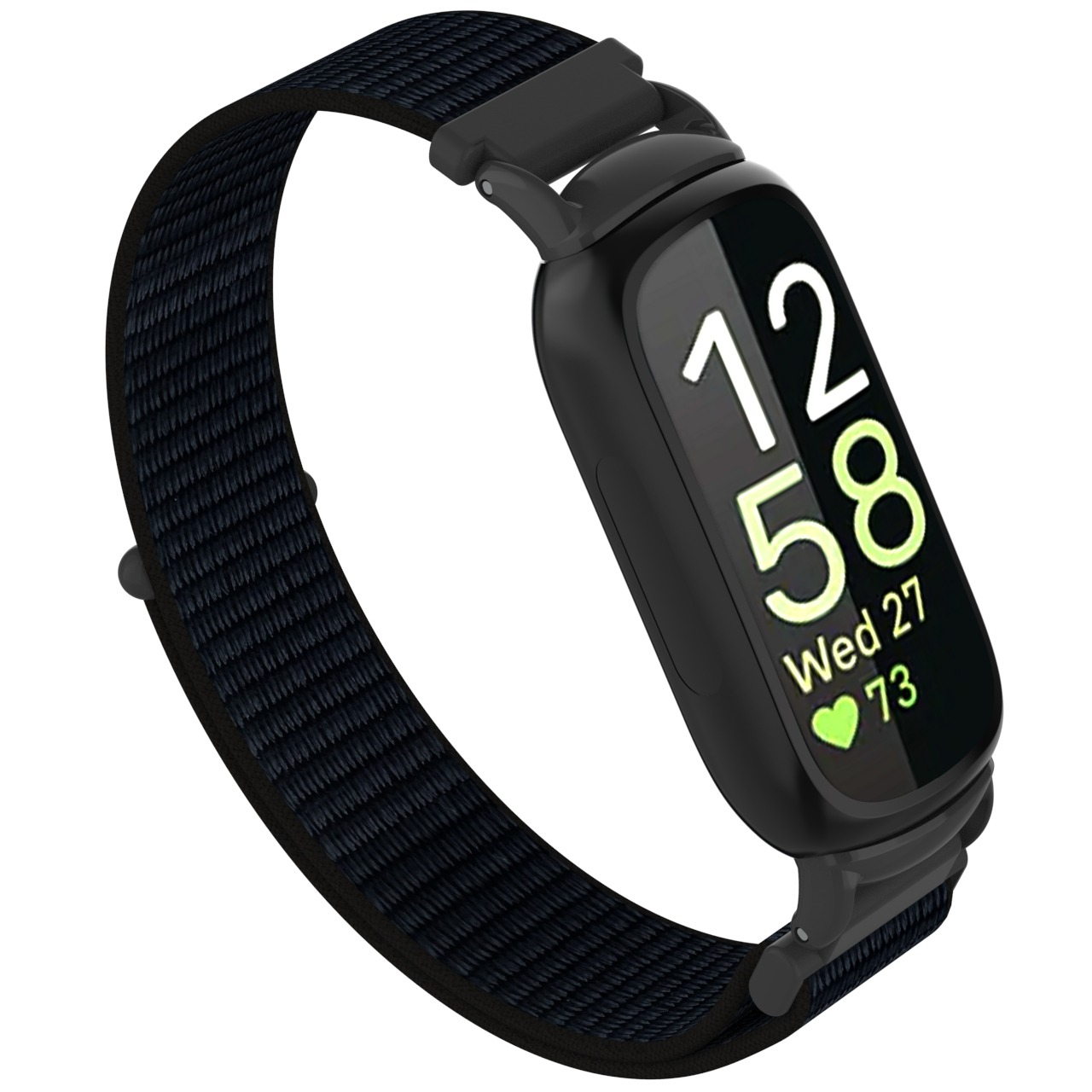 Schwarze Smartwatch mit dunkelblauem Stoffband. Der Bildschirm zeigt Zeit, Datum und Herzfrequenz. Die Uhr ist auf weißem Grund.